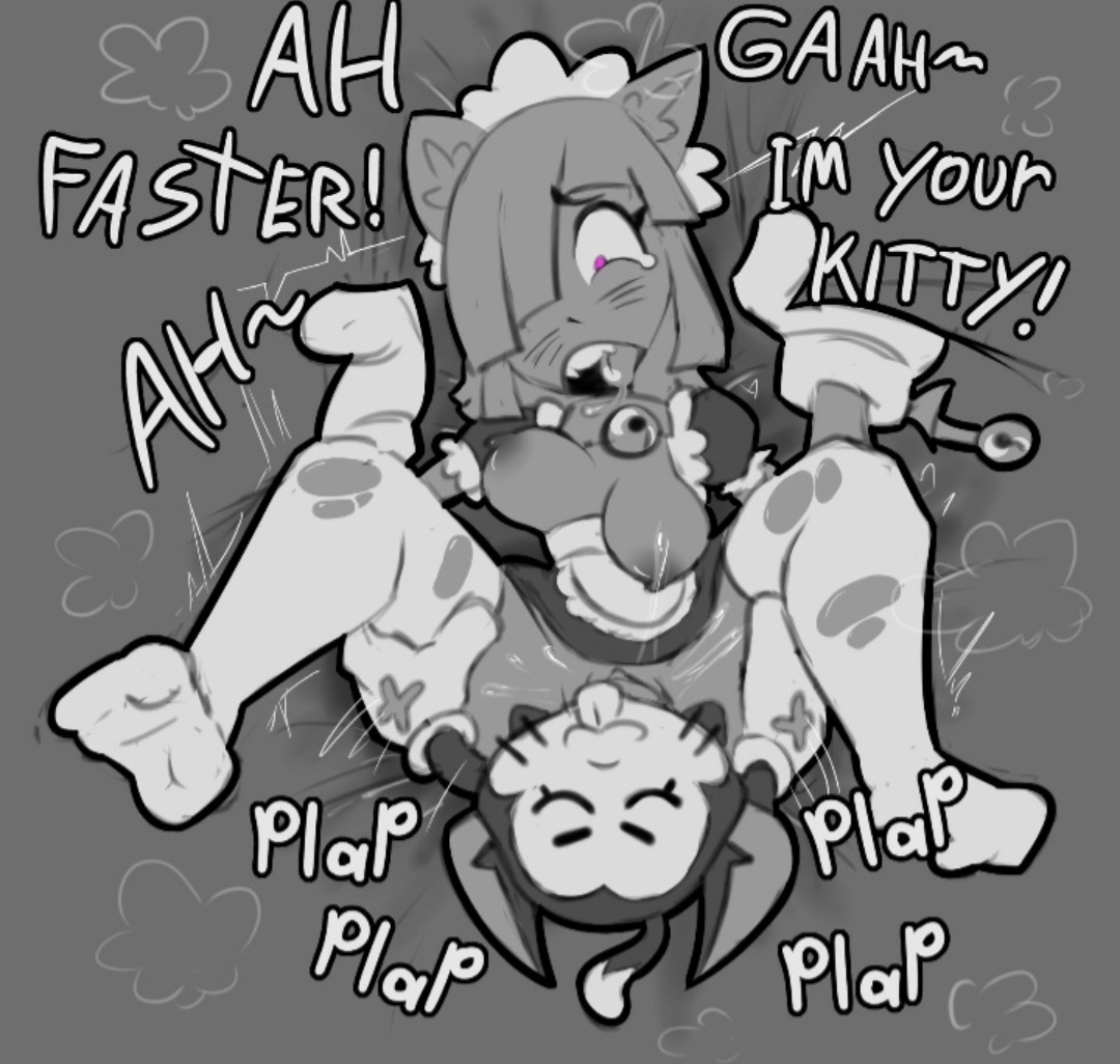 brawl stars, breasts, colette (brawl stars), dialogue, female, kit (brawl stars), moaning, monochrome, pinku pawlette, pussy