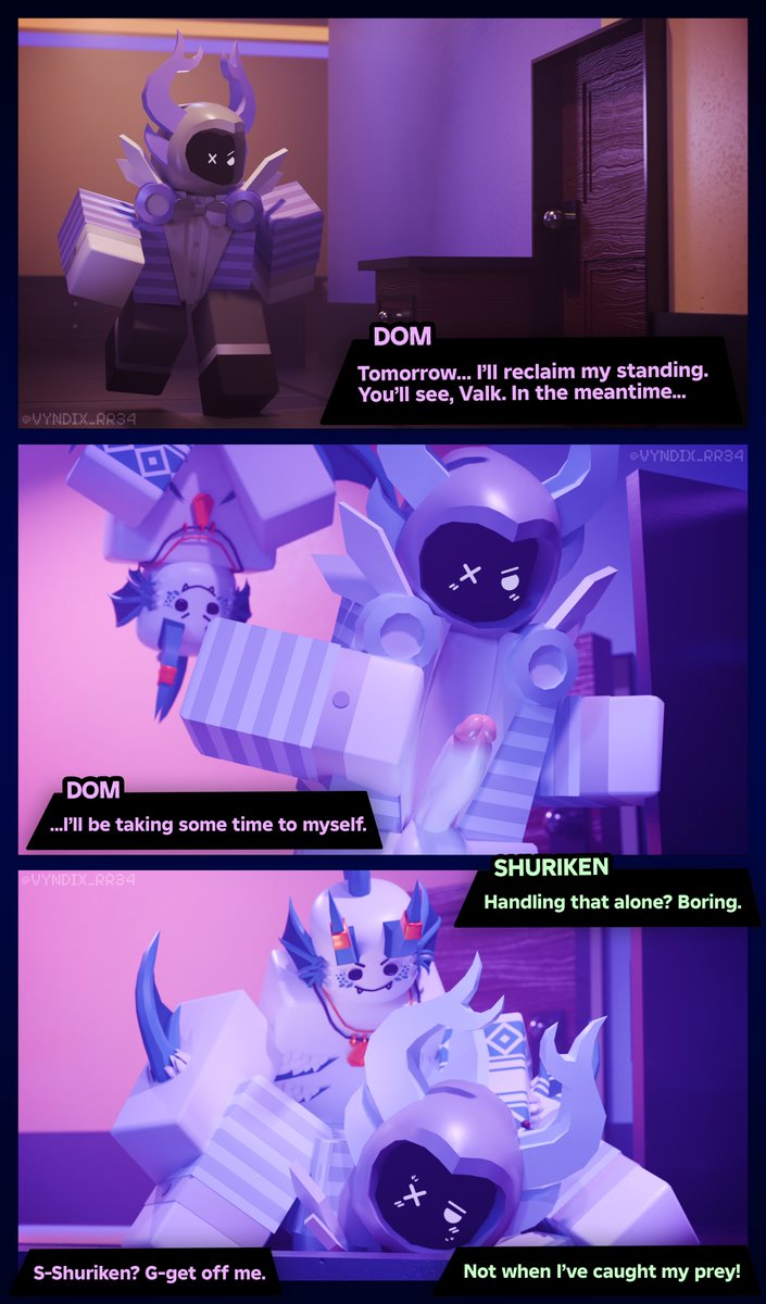 2boys, 3d, antlers, blender, blender cycles, blush, blushing face, dialogue box, dom (phighting), english text, erect penis, gay, horns, locker, male, male only, open clothes, page 2, penis, phighting, pinned, pinned arms, pinned down, pinned to floor, roblox, roblox game, robloxian, shurifin (phighting), shuriken (phighting), sweat, sweating, tagme, text, vyndix
