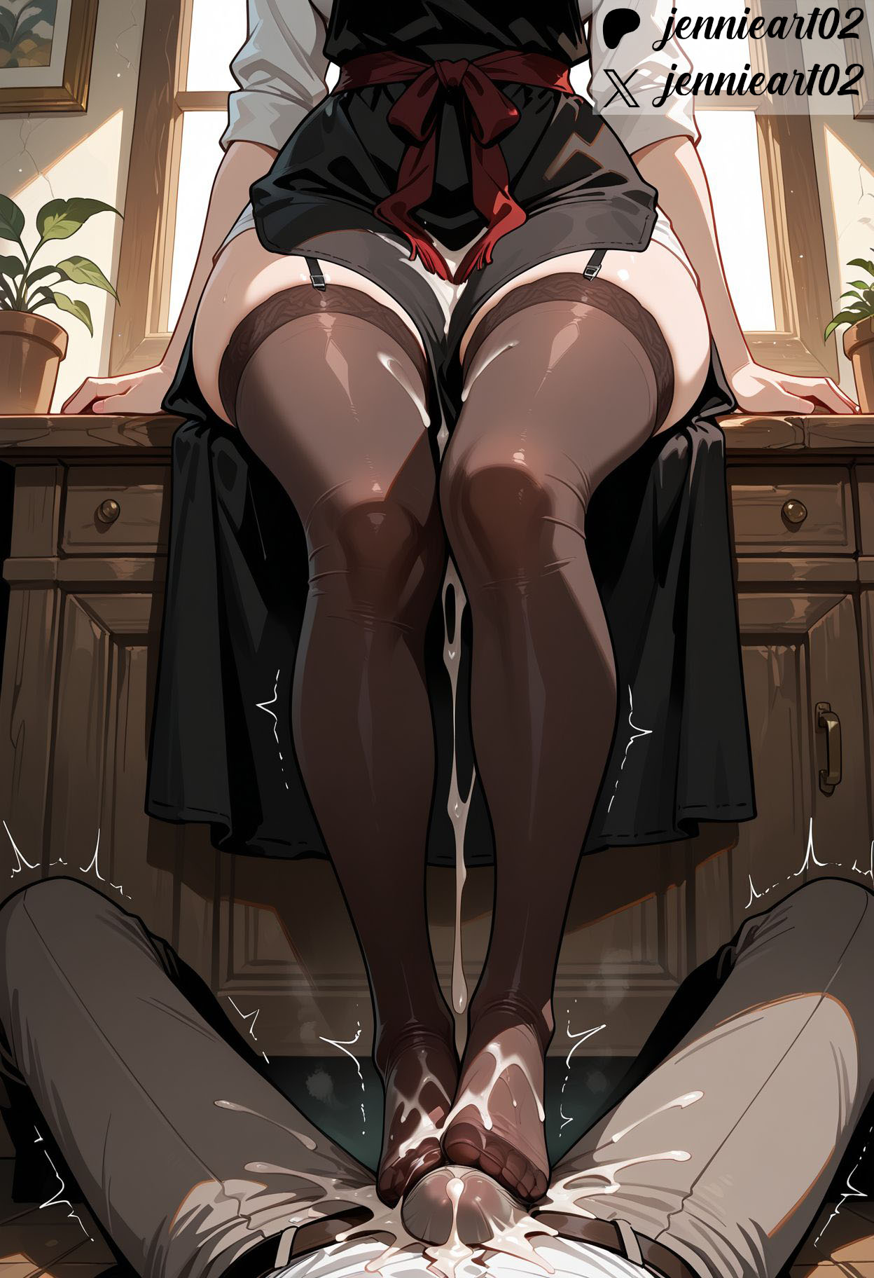 1boy, ai generated, apron, ashikoki, ass, attack on titan, bangs, barefoot, belt, black apron, black clothes, black dress, black legwear, black pants, black thighhighs, blush, breasts, brown pants, cabinet, chair, clothing, cum, cum on clothes, cum on feet, cum on legs, desk, dress, ejaculation, english language, english text, erection, feet, female, foot focus, footjob, garter straps, hair ornament, indoors, jennieart02, legs, legwear, light skin, light-skinned female, lower body, male, mikasa ackerman, no shoes, original, pants, pantsu, patreon, patreon logo, patreon username, penis, plant, potted plant, semen, shingeki no kyojin, shirt, sitting, skirt, soles, solo focus, straight, sweat, text, thighhighs, thighs, toes, twitter, twitter username, two-footed footjob, underwear, watermark, white shirt, window
