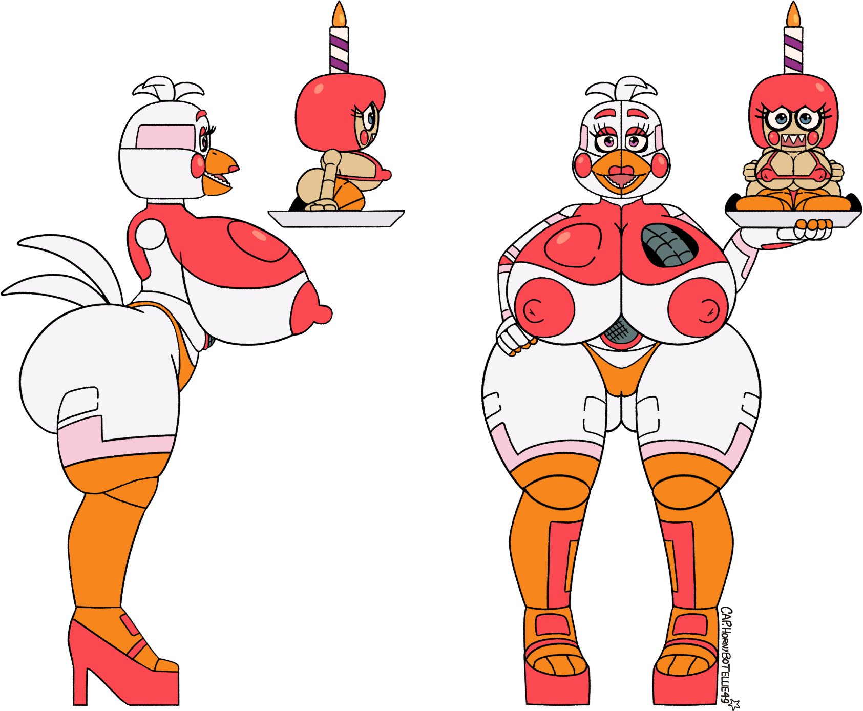 candle, captainhornybotld, carla cupcake (snaxattacks), chicken, chicken girl, cupcake, female, five nights at freddy's, funtime chica (fnaf), funtime cupcake (fnaf), heels, orange panties, panties, pink heels, plate, underwear, white feathers