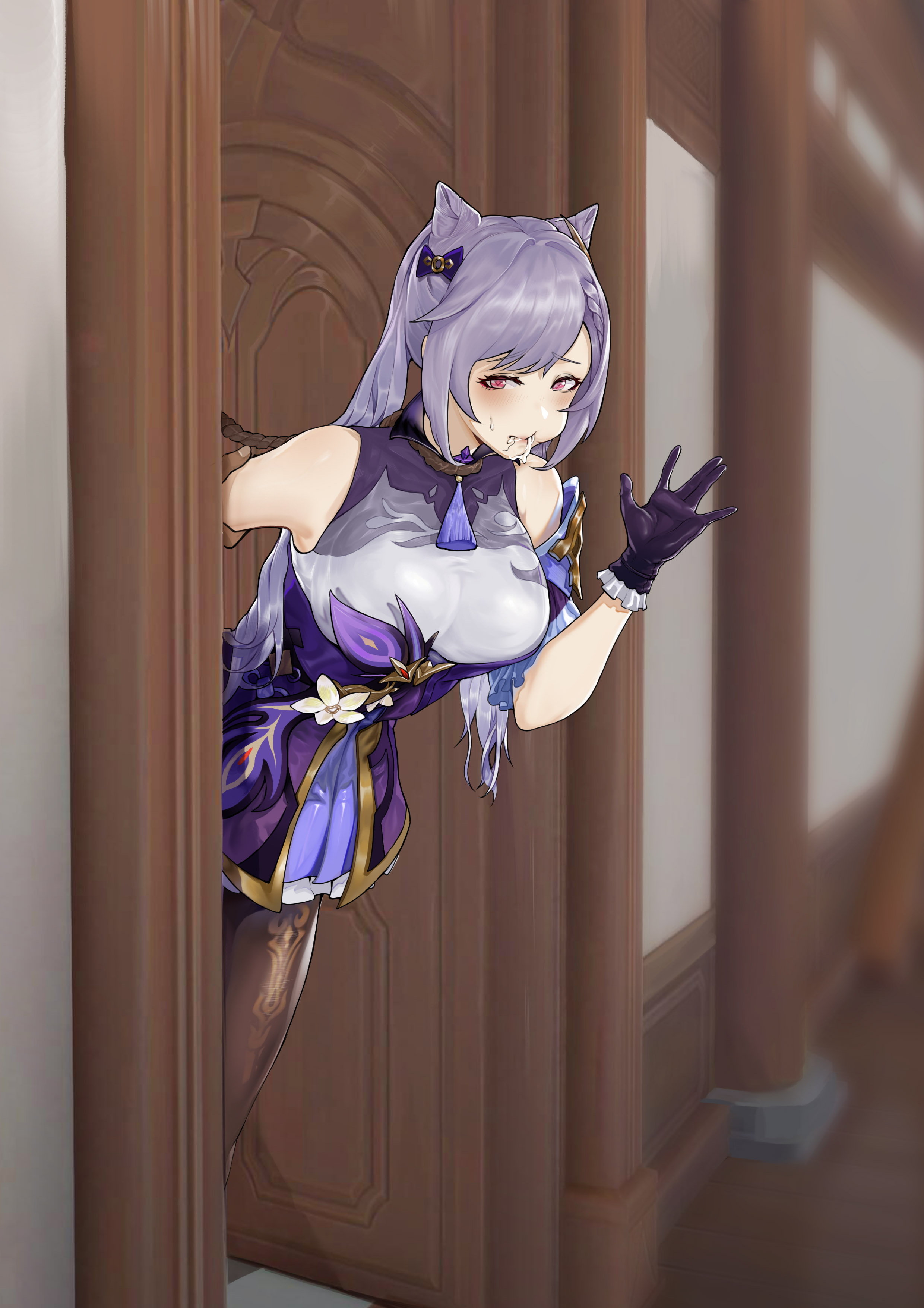 big breasts, blush, blushing, breasts, clothed, cum, cum in mouth, dark skin, dark-skinned male, female, genshin impact, hvvt, keqing (genshin impact), male, ntr, purple hair, tagme
