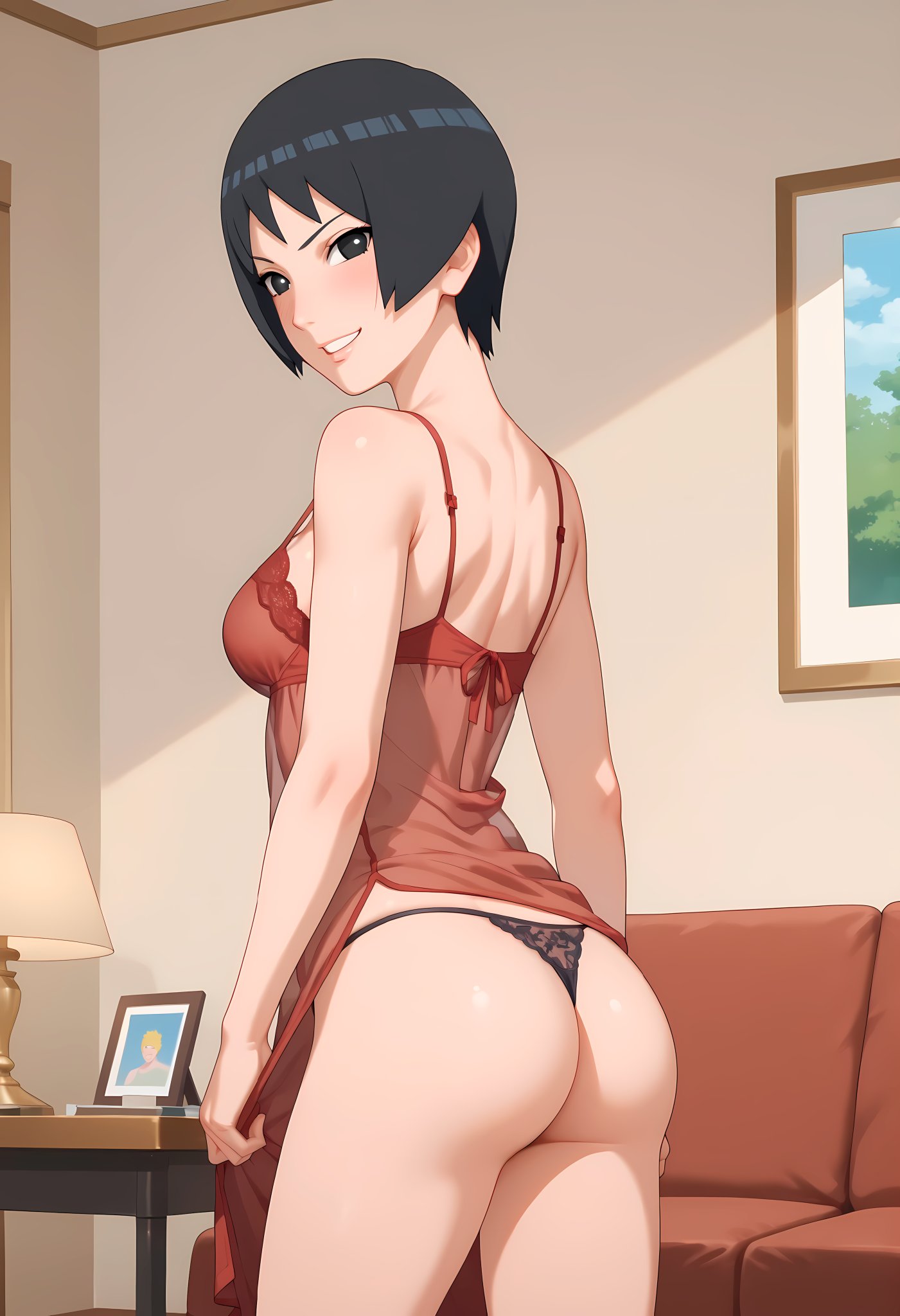 1girls, ai generated, ass, ass focus, babydoll, bangs, big ass, black eyes, black hair, boruto: naruto next generations, breasts, cleavage, curvaceous, curvy, curvy figure, female, from behind, grin, indoors, kurotsuchi, lingerie, living room, looking at viewer, mature, mature female, medium breasts, milf, narugirlshot, naruto, naruto (series), naughty, naughty face, naughty smile, panties, petite, pixie cut, revealing clothes, see-through, see-through clothing, short hair, skimpy, skimpy clothes, slim waist, smile, solo, solo focus, tsuchikage, uncensored, wide hips