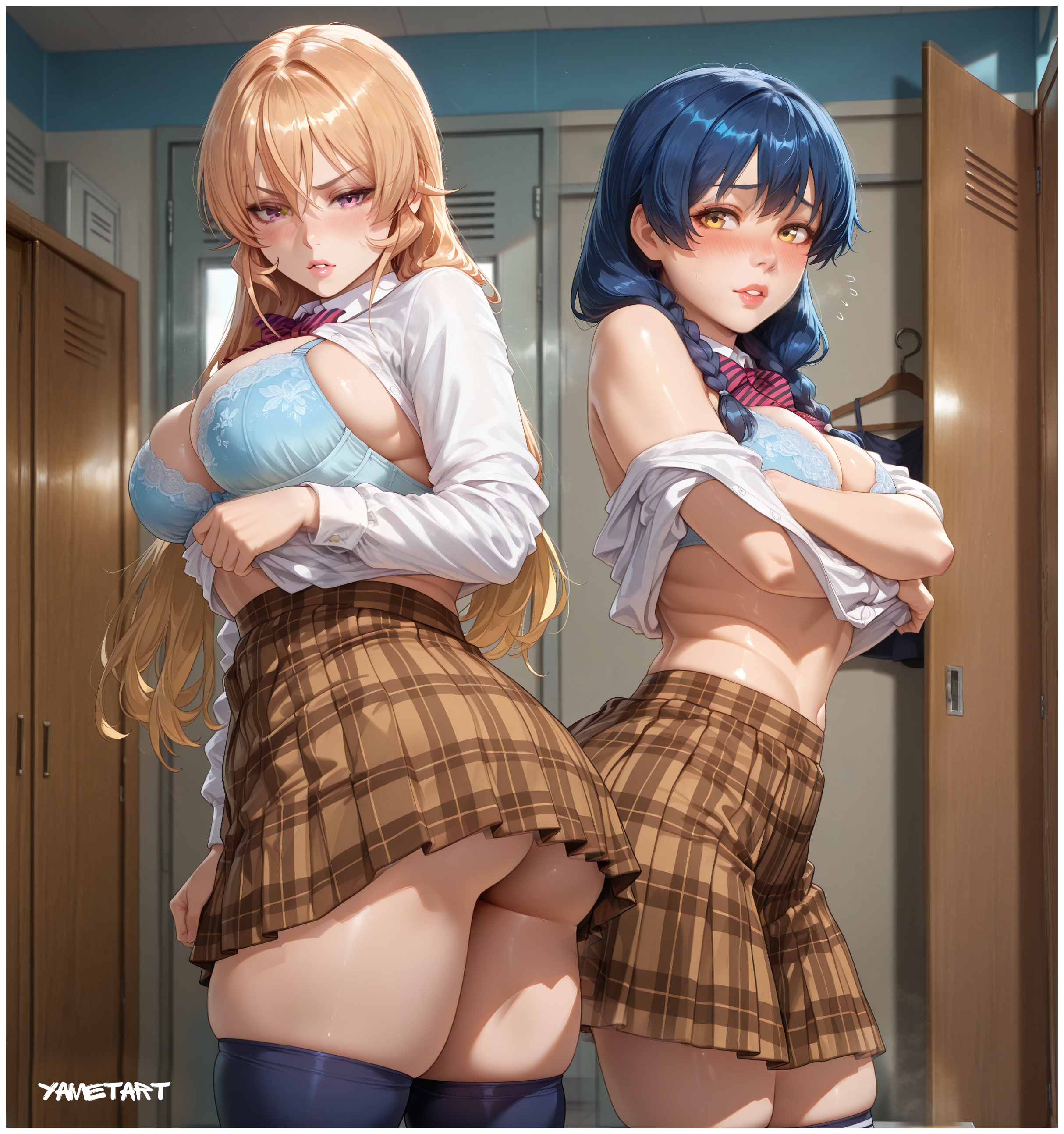 2girls, ai generated, ass, blonde hair, blue hair, blush, breasts, changing room, cleavage, female, female only, high quality, high resolution, highres, locker room, long hair, multiple females, multiple girls, nakiri erina, school uniform, schoolgirl, schoolgirl uniform, shokugeki no souma, tadokoro megumi, undressing, yametastudio