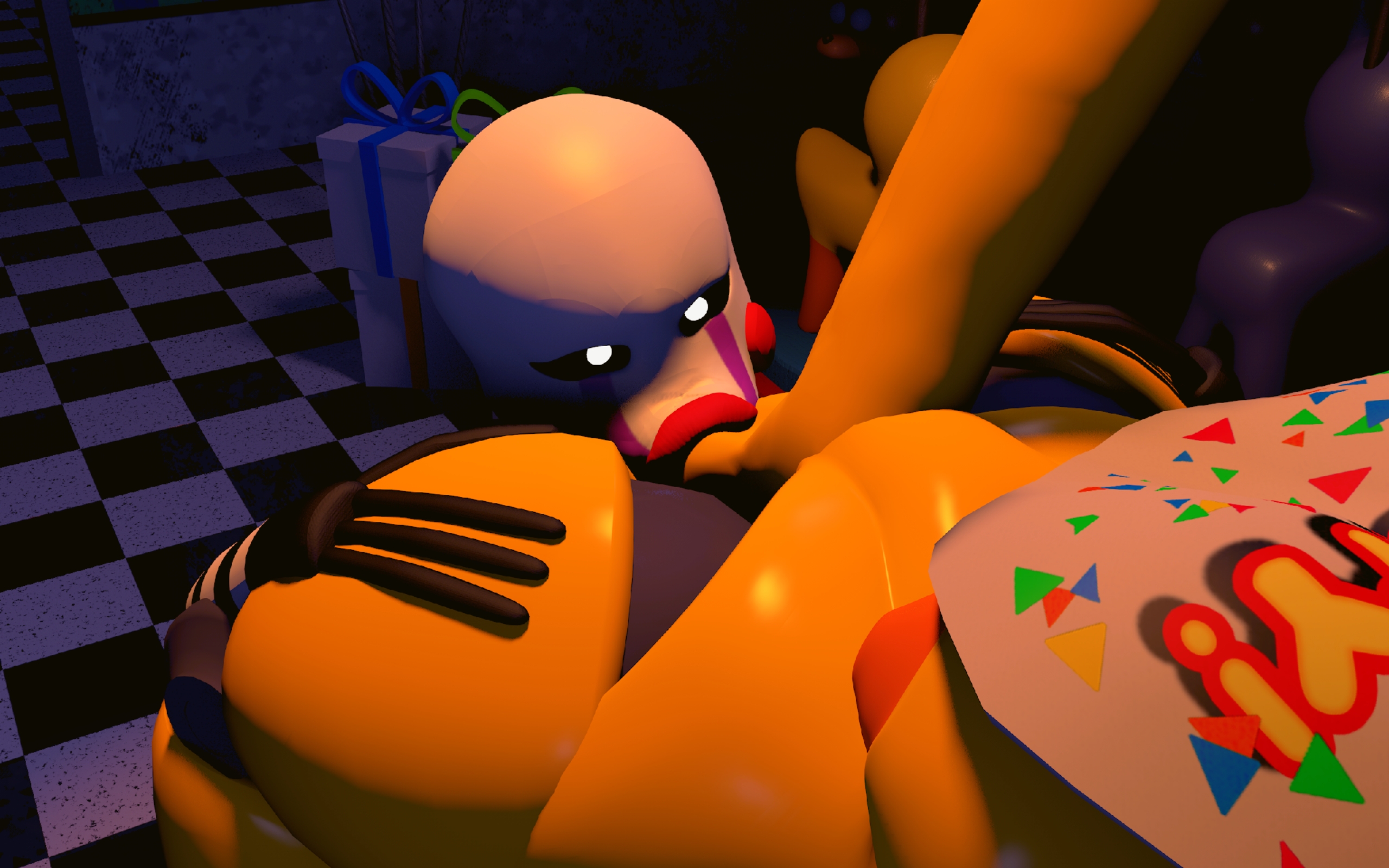 3d, animatronic, big breasts, big lips, breasts, fanfnaf5, female, five nights at freddy's, five nights at freddy's 2, fnaf 2, futanari, intersex, licking pussy, marionette (fnaf), nipples, oral sex, puppet (fnaf), pussy, robot girl, thicc thighs, toy chica (fnaf), yuri