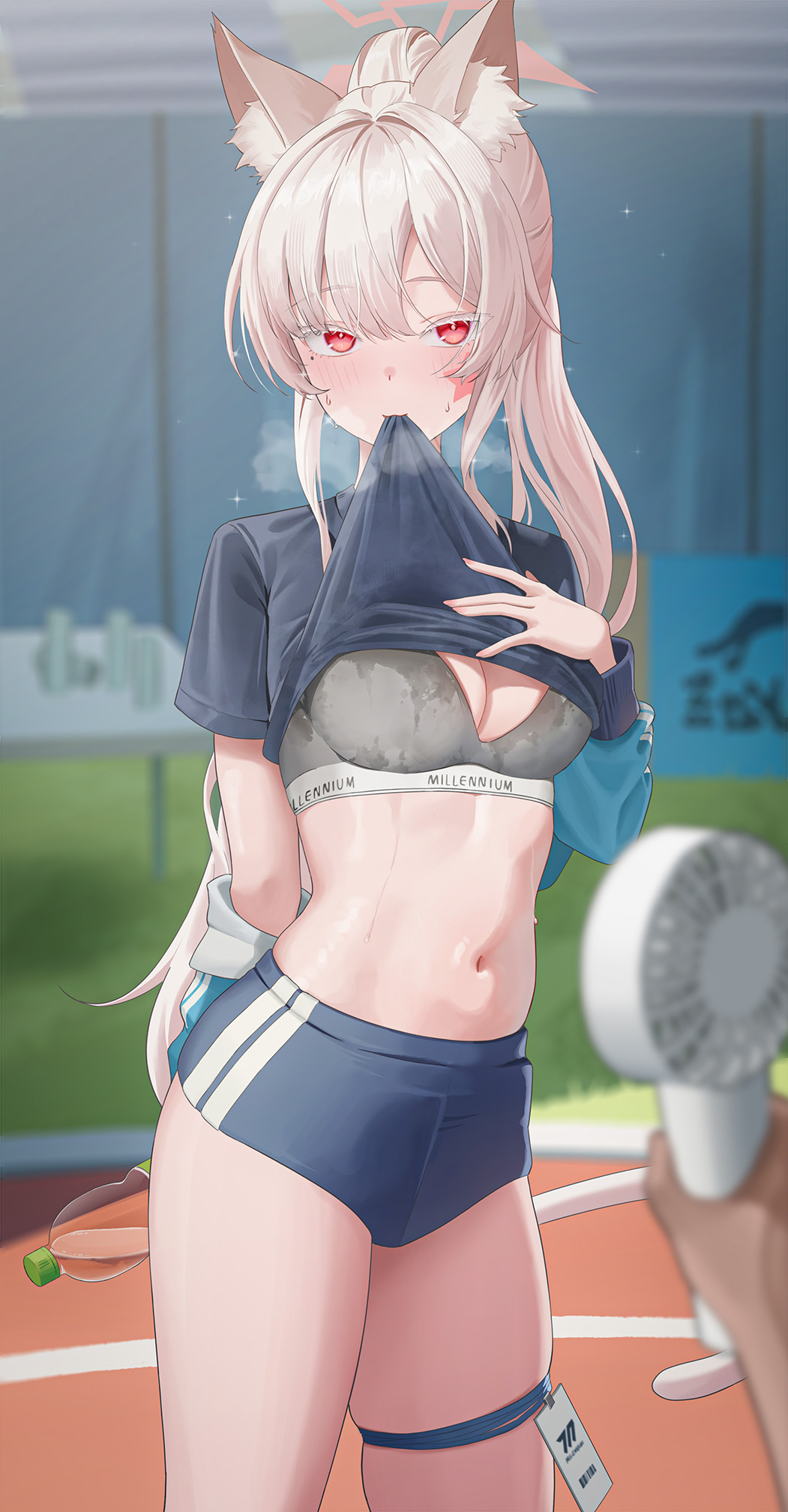 1other, akira (blue archive), alternate costume, alternate hairstyle, ambiguous gender, animal ear fluff, animal ears, black shirt, blue archive, blue buruma, blurry, blurry background, blush, breasts, buruma, cat ears, cat girl, cat tail, colored eyelashes, commentary, cosplay, depth of field, female, grey sports bra, gym shirt, hand fan, highres, holding, holding fan, jacket, jacket partially removed, lanyard, long hair, looking at viewer, mole, mole under eye, mouth hold, navel, off shoulder, ponytail, pov, pov hands, red eyes, shirt, short sleeves, shugo 15, skindentation, sports bra, star sticker, sticker on face, stomach, sweat, sweaty clothes, tail, thighs, white eyelashes, white hair, yuuka (blue archive), yuuka (blue archive) (cosplay), yuuka (track) (blue archive)