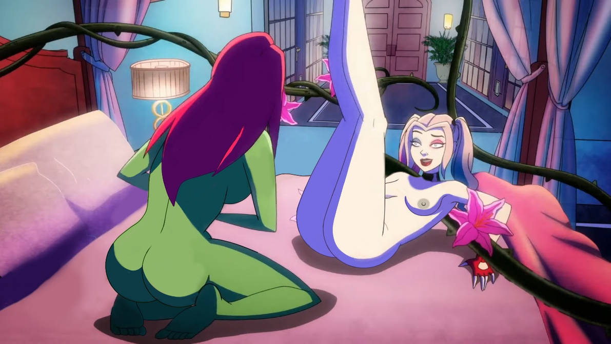 2d, 2girls, ass, blonde hair, blonde-haired female, breasts, canon couple, choker, choker only, color, completely nude, dc, dc comics, female, female only, green body, green skin, green-skinned female, harley quinn, harley quinn (2019), harley quinn (series), legs, legs up, lesbian, long hair, multicolored hair, nipples, nude, nude female, on bed, on knees, pale skin, pale-skinned female, poison ivy, poison ivy (harley quinn), red hair, red-haired female, renajon, screenshot, tits, twintails, yuri