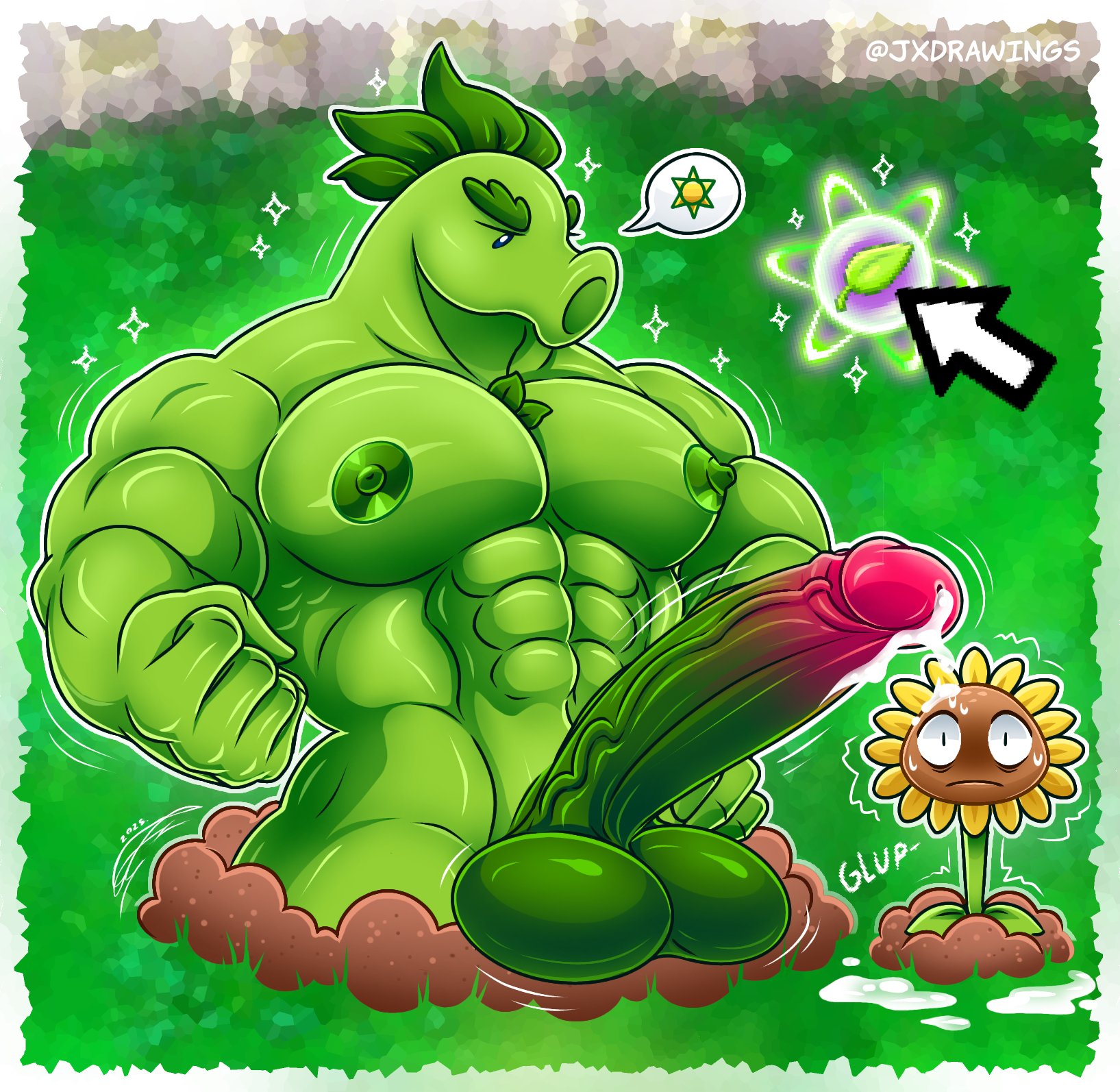 2025, abs, ambiguous gender, anthro, artist name, balls, bfad, big penis, chest tuft, completely nude, cum, cum drip, cum on body, cum on floor, erect nipples, erection, genital fluids, genitals, grass, green body, gulp, hi res, huge cock, jv draws, jx drawings, jxdrawings, large cock, large penis, looking at another, looking at viewer, male, male only, male/ambiguous, muscular, muscular male, navel, nervous, nipples, nude, nude male, pecs, penis, plant, plants vs zombies, pvz23074, repeater (pvz), scared, size difference, sunflower (pvz), sweat, veiny penis