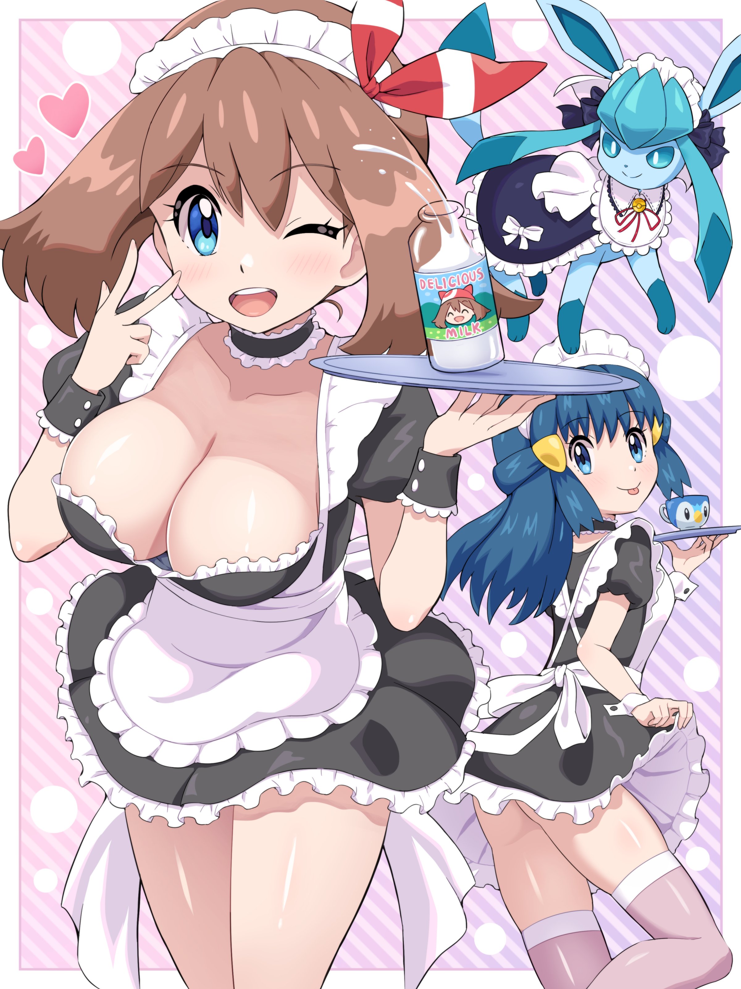 2girls, alternate breast size, apron, bare arms, bare legs, bare thighs, big breasts, blue eyes, blue hair, blush, breasts, brown hair, choker, cleavage, collarbone, dawn (pokemon), female, glaceon, hairclip, holding plate, long hair, maid, maid headdress, maid uniform, may (pokemon), medium hair, milk, milk bottle, no bra, one eye closed, open mouth, pink thighhighs, piplup, pokemoa, pokemon, shiny skin, short sleeves, skirt lift, smile, thighhighs, thighs, tongue, tongue out, uniform, wink, wrist cuffs, zettai ryouiki