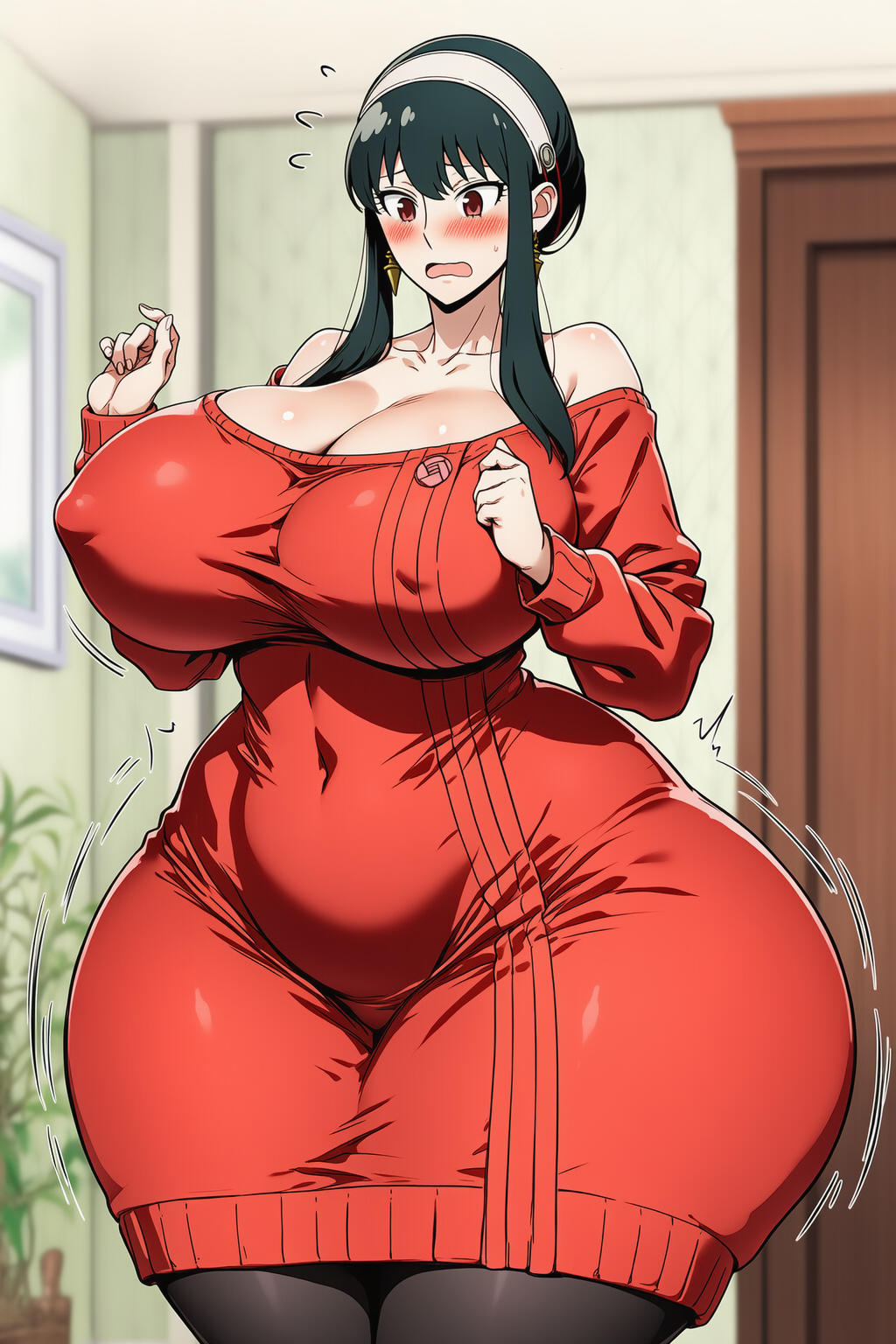 ai_generated blush cleavage flustered goldencum34 huge_ass huge_breasts huge_butt navel_visible_through_clothes spy_x_family thick_thighs wide_hips yor_briar yor_forger