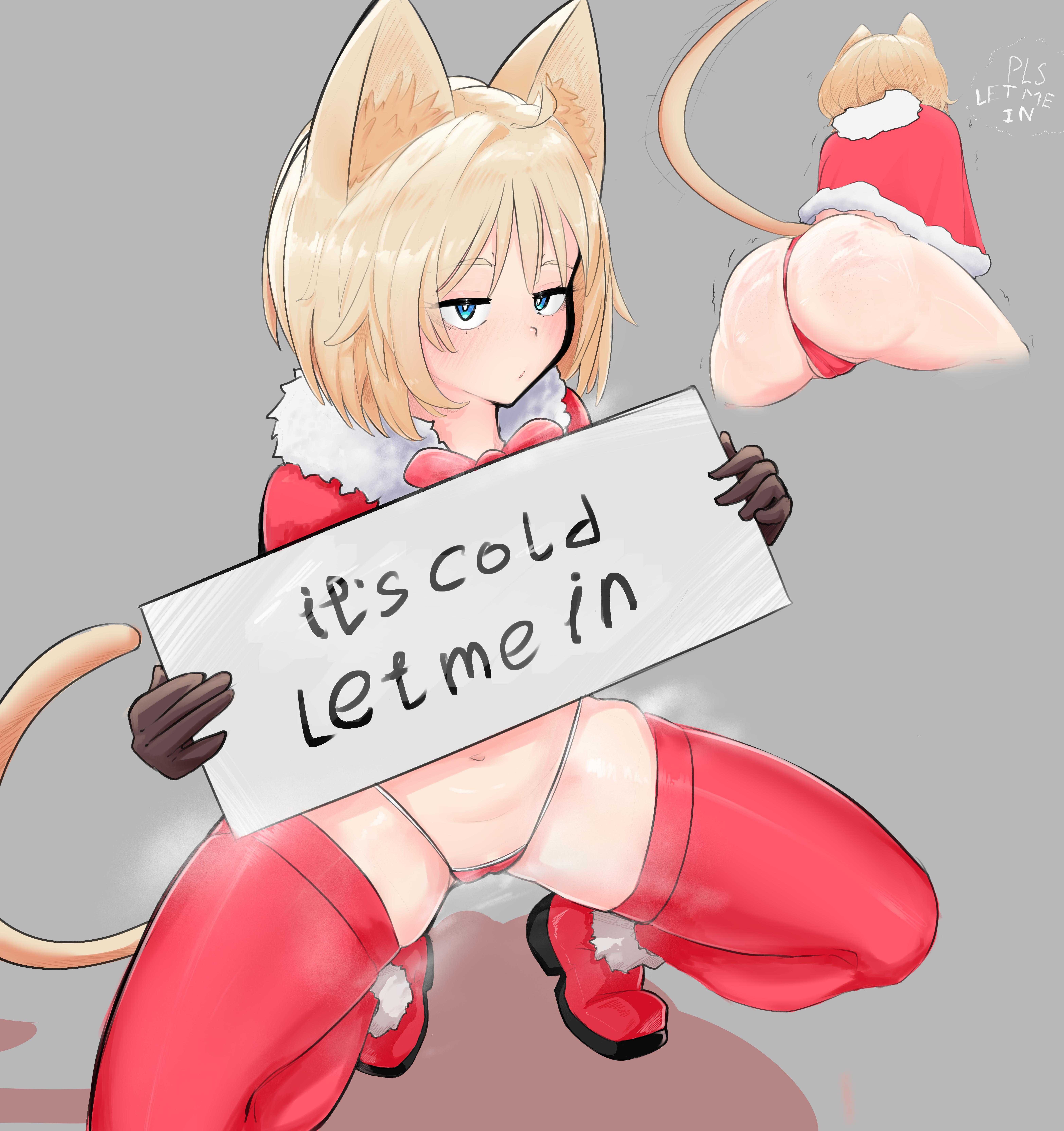 ass, big ass, bikini, bikini bottom, blonde hair, breasts, cat ears, cat girl, cat tail, catgirl, female, hiki21, hikiart, holding object, looking at viewer, new year, no background, partially clothed, short hair, small breasts, squatting, thighhighs, wide hips