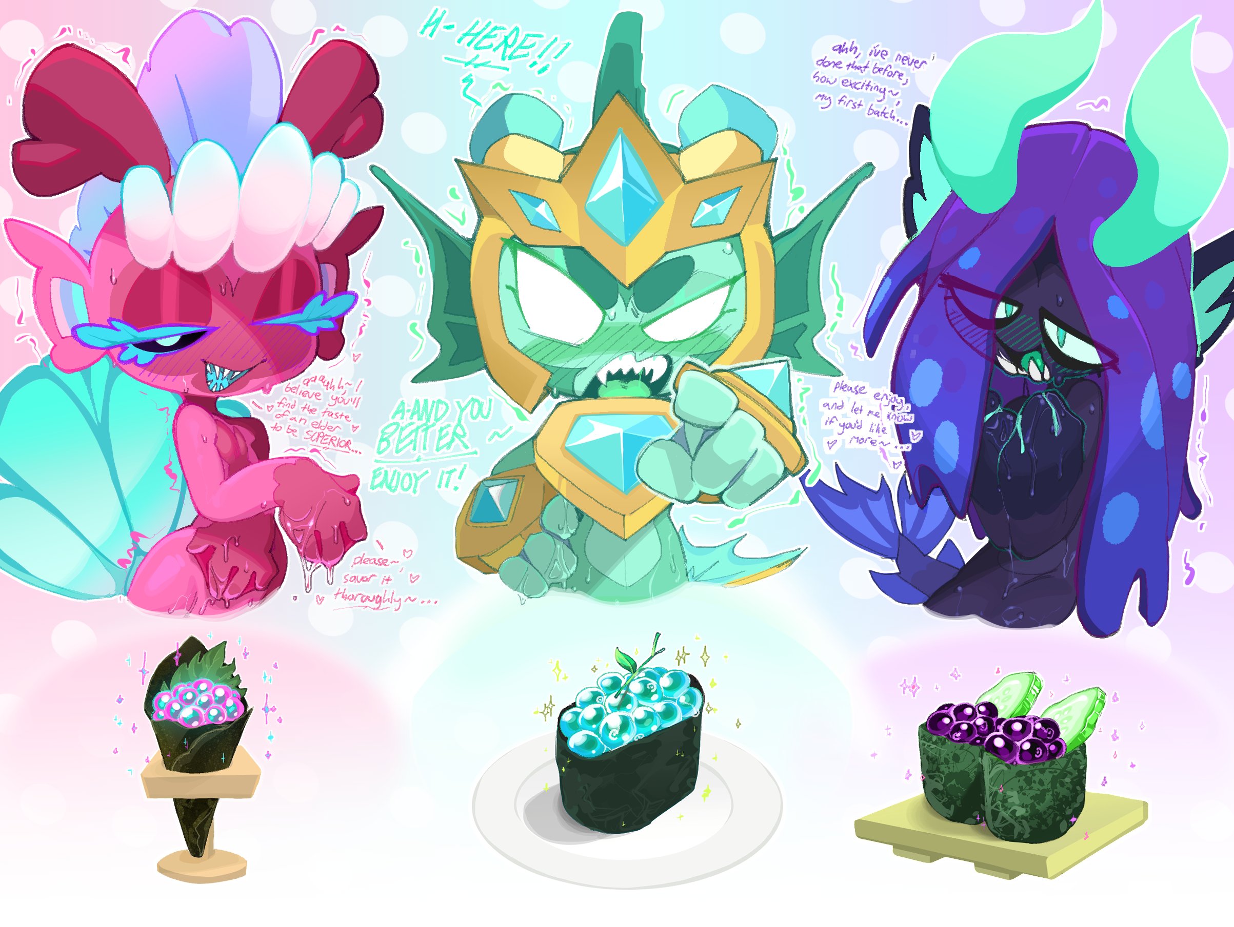 ?, annoyed, bloons tower defense, breasts, dark purple skin, egg, eggs, female, goatboydraws, horns, mermonkey, mint green skin, no breasts, pink skin, roe (egg), sharp teeth, sushi, tagme