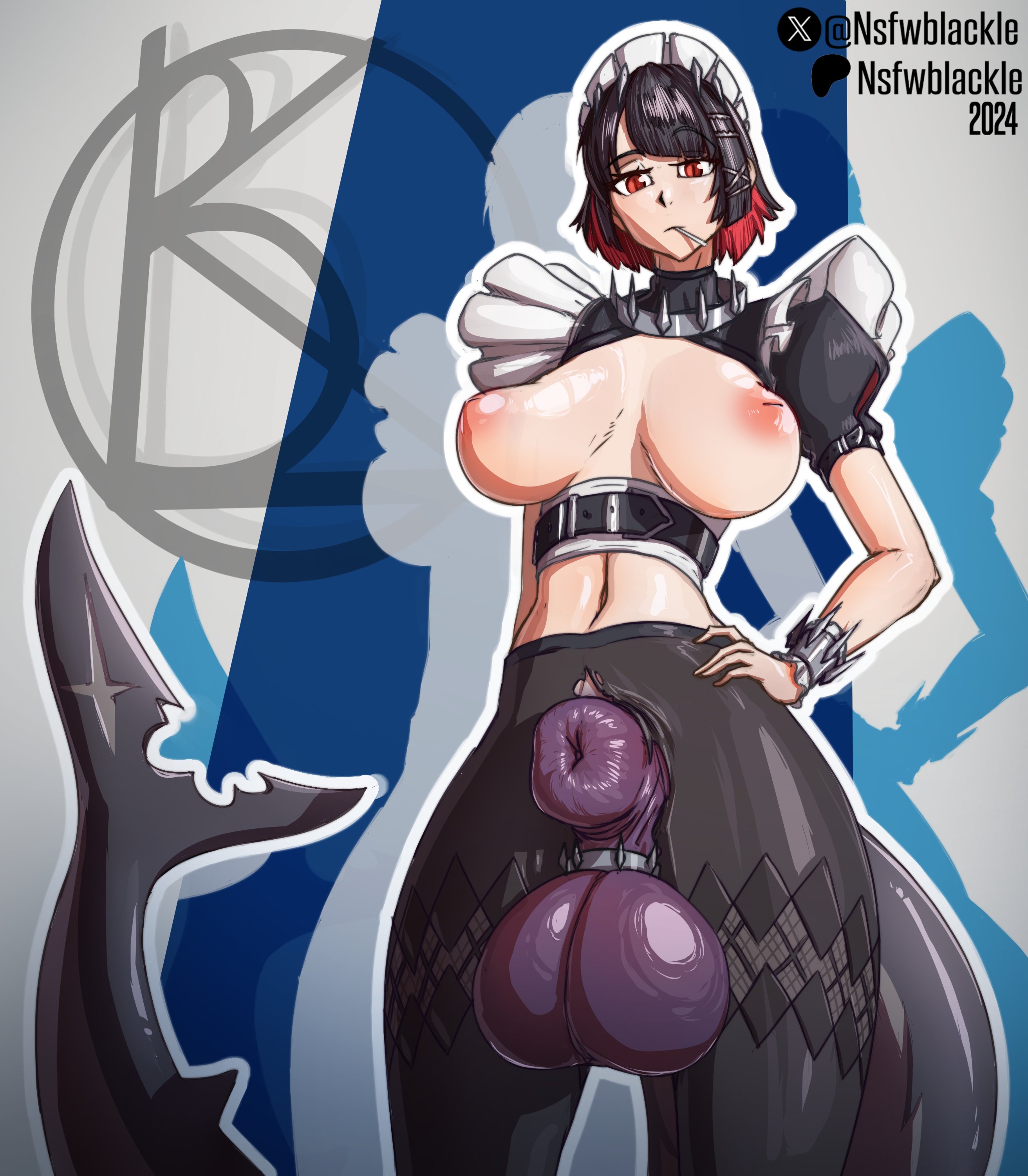 ellen joe, fully sheathed, futanari, intersex, nsfwblackle, red eyes, sheath, sheath on humanoid, zenless zone zero