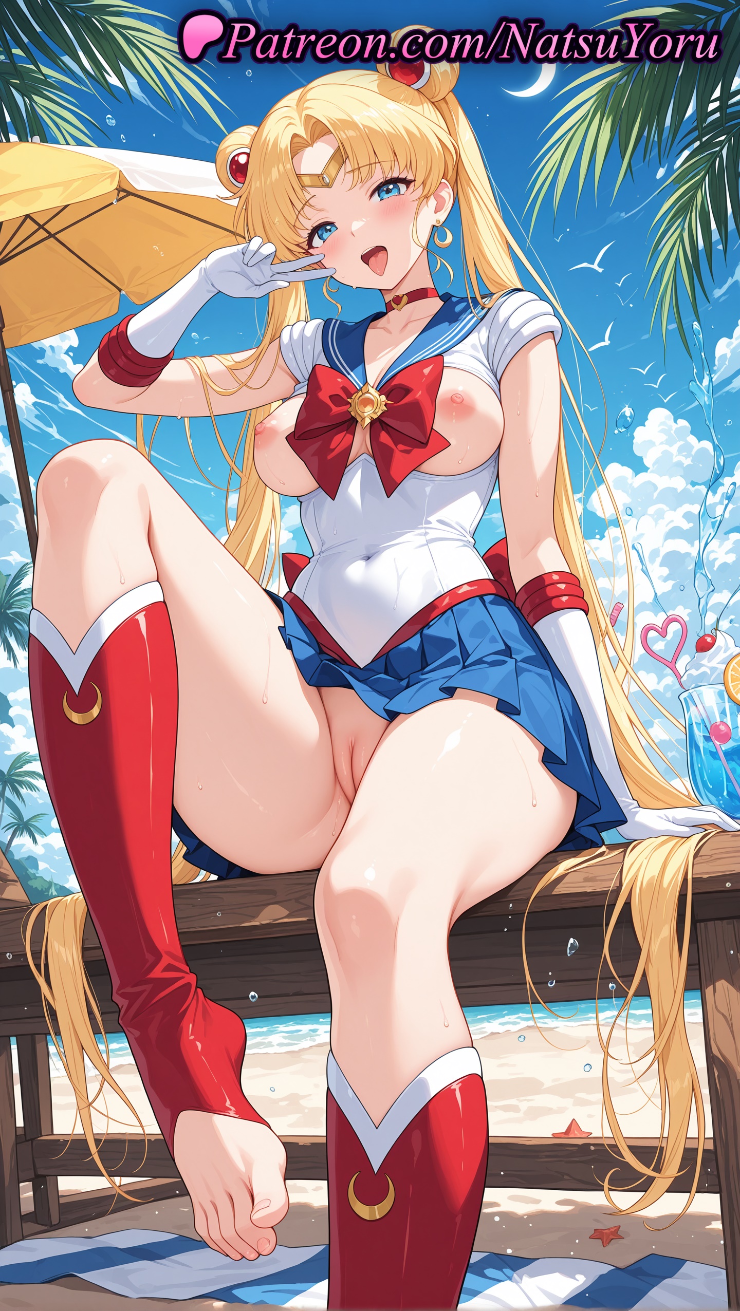 1girls, 2025, ai generated, bangs, barefoot, beach, bishoujo senshi sailor moon, blonde hair, blue eyes, blue sailor collar, blue skirt, breasts, breasts out, choker, crazy straw, crescent, crescent earrings, double bun, earrings, elbow gloves, feet, female, gloves, hair buns, heart, hi res, highres, jewelry, knee boots, long hair, looking at viewer, natsuyoru, nipples, no panties, open mouth, outdoors, patreon, pink nipples, pussy, red choker, sailor moon, sailor senshi uniform, sailor uniform, sitting, skirt, sky, smile, solo, toei animation, toes, twintails, uncensored, usagi tsukino, very long hair, voluptuous, voluptuous female, white gloves