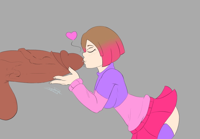 ass, bete noire, betty noire, big dick, big penis, breasts, brown hair, closed eyes, female, glitchtale, grey background, huge cock, male, medium breasts, not paint, penis, pink hair, pink sweater, purple sweater, purple thighhighs, red skirt, short hair, skirt, sweater, thighhighs, undertale, undertale au, wearing clothes