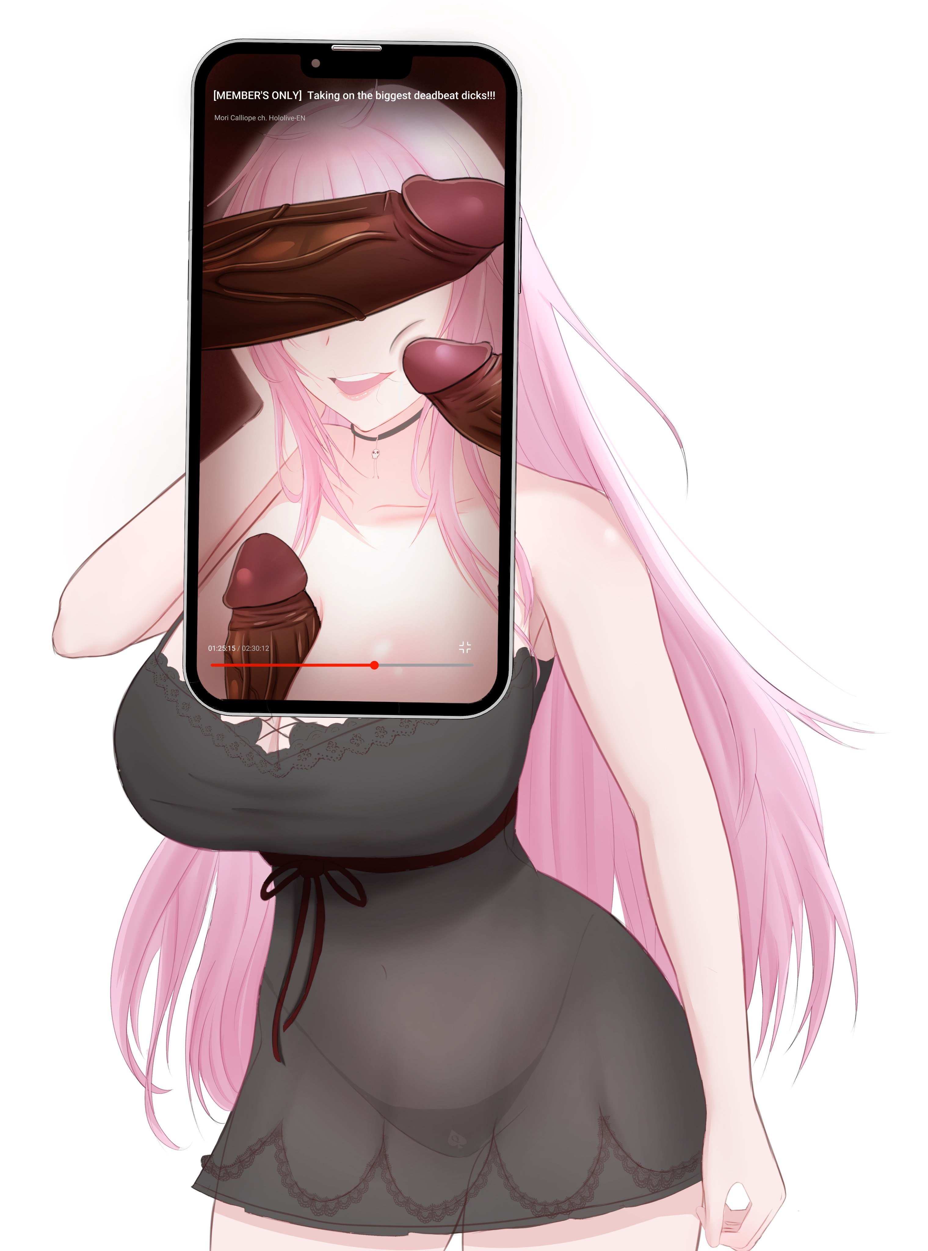 1girls, 3boys, absurd res, absurdres, black panties, breasts, censored, chocolate, cleavage, collarbone, dark skin, dark-skinned male, disembodied penis, erection, female, hololive, hololive english, hololive myth, interracial, kanikamidesu, large breasts, large penis, light skin, light-skinned female, long hair, male, mori calliope, mosaic censoring, navel, open mouth, panties, penis, penis awe, penis on face, penis over eyes, pink hair, precum, queen of spades, see-through, simple background, solo focus, straight, subtle, uncensored, underwear, veiny penis, very long hair, virtual youtuber, white background