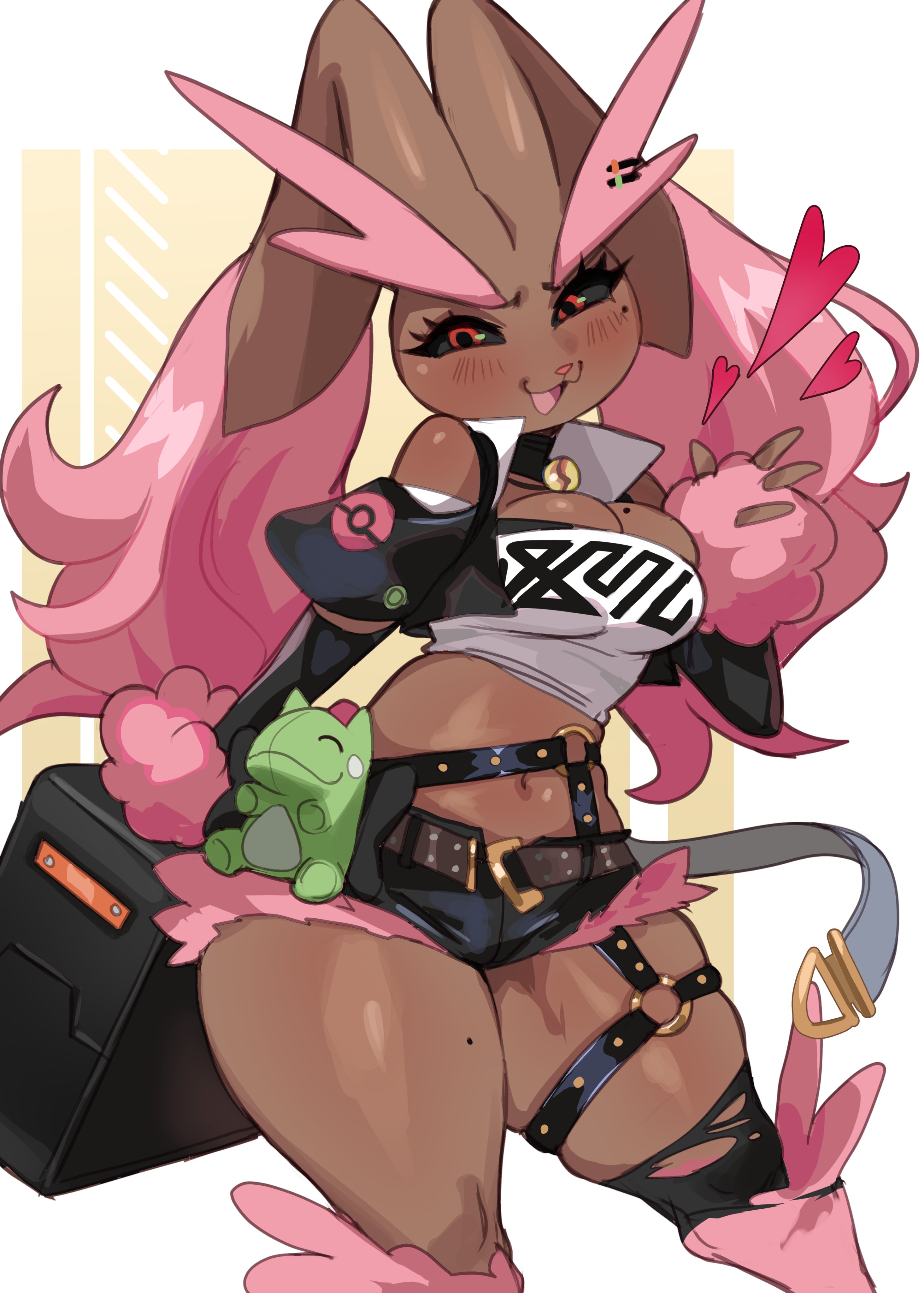 1girls, absurd res, black sclera, blush, breasts, cartoon artstyle, cosplay, female, female only, furry, generation 4 pokemon, lightsource, looking at viewer, lopunny, mole, mole on breast, mole on thigh, mole under eye, neck bell, nicole demara (cosplay), nintendo, pokemon, pokemon (species), red eyes, shiny lopunny, shiny pokemon, smiling, smiling at viewer, solo, thick thighs, weird proportions, zenless zone zero