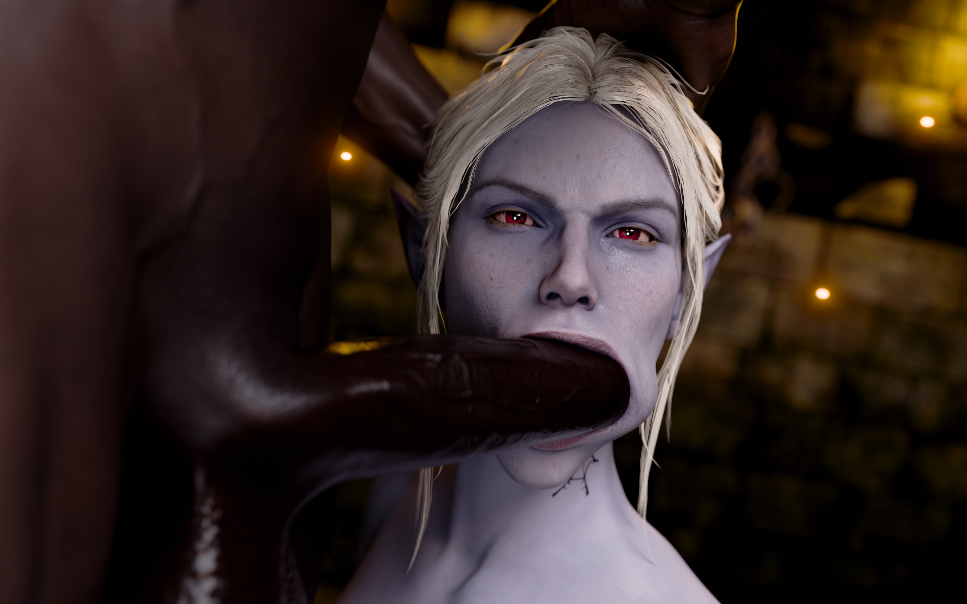 3d, baldur's gate, baldur's gate 3, big penis, blowjob, bulge, cheek bulge, dark skin, dark-skinned male, derpderp, drow, fellatio, forgotten realms, horizontal blowjob, interracial, interspecies, looking at viewer, male, minthara, penis, penis in mouth, pointy ears, red eyes, sideways blowjob, sideways oral, tattoo, toothbrushing, wyll ravengard