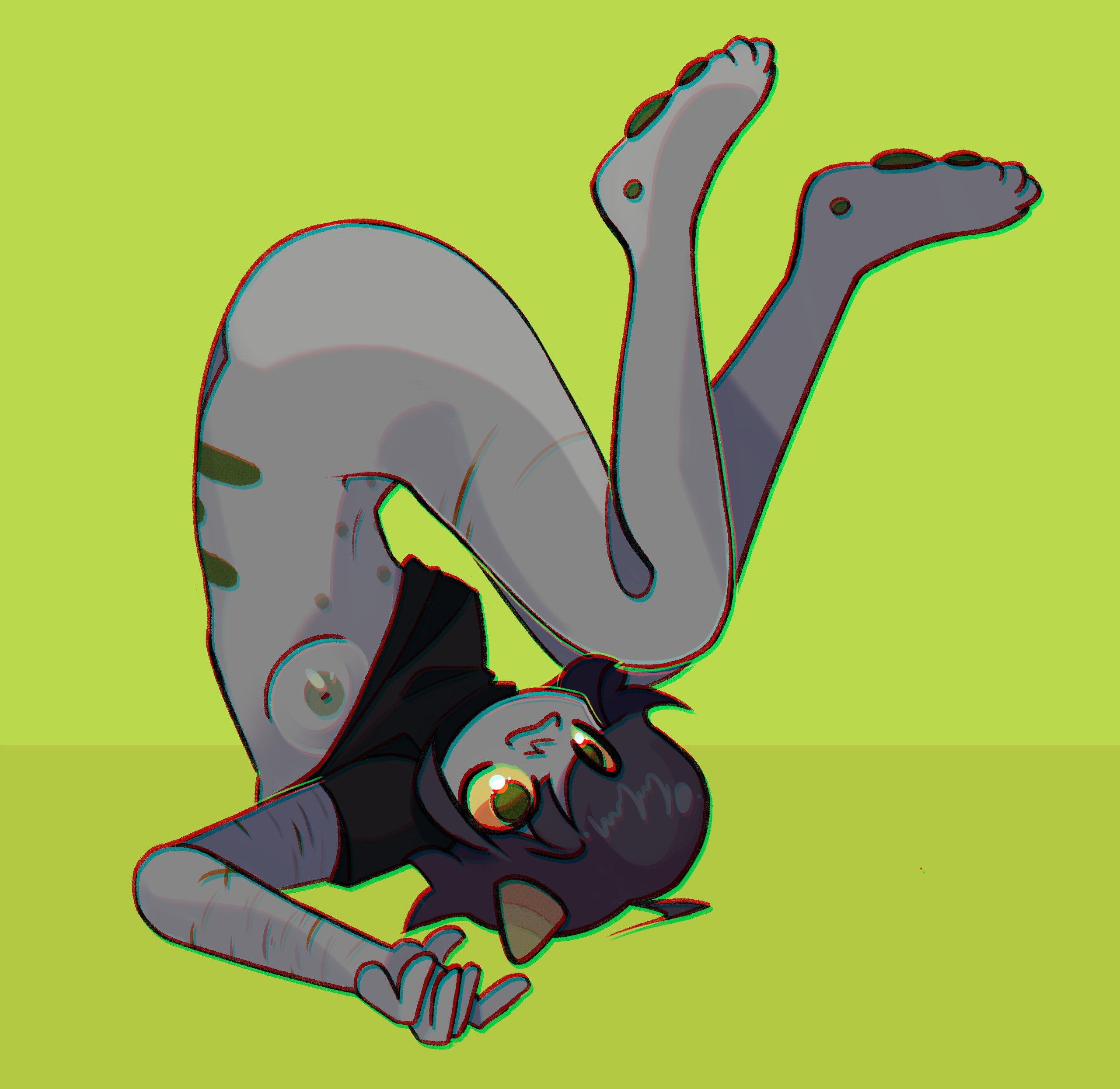 female, homestuck, nepeta leijon, one tit out, partially clothed, pawpads, scars, simple background, solo female, strangestedd, upside-down