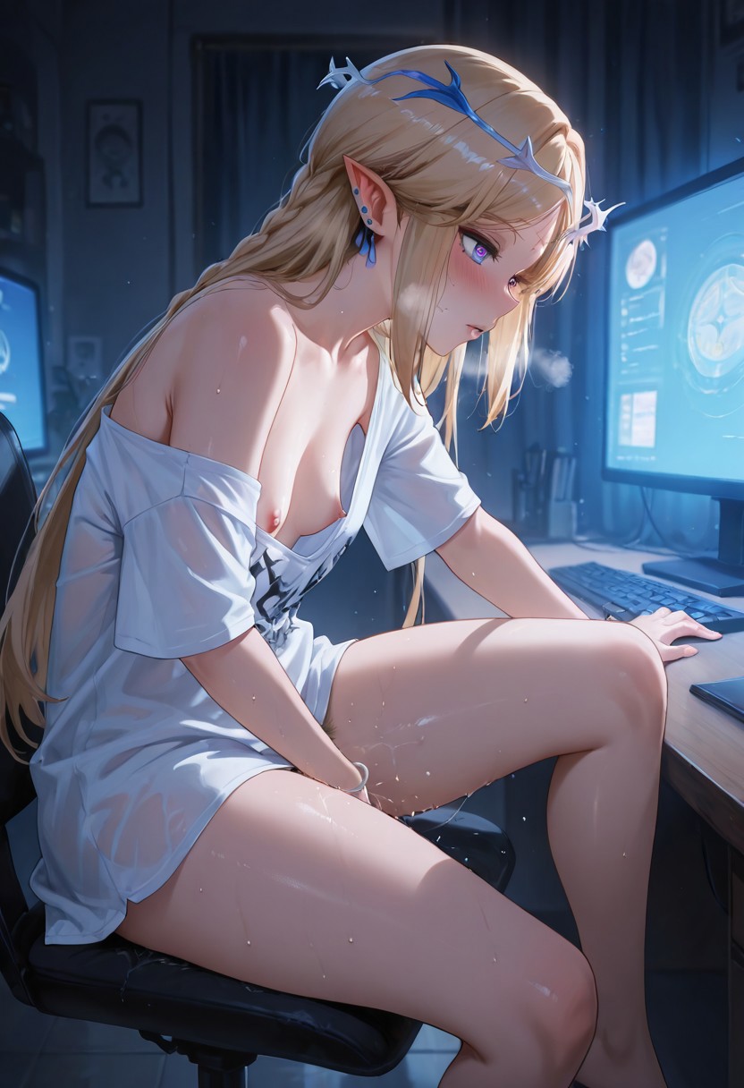 ai generated, blonde female, blonde hair, braid, breasts, cartethyia (wuthering waves), chair, elf, elf ears, elf female, elf girl, erect nipples, female, female focus, female masturbation, female only, female pubic hair, fingering, fingering self, gamer chair, kuro games, light skin, light-skinned female, long hair, masturbation, monitor, nipples, nipples visible through clothing, randomname881, small breasts, solo, solo female, solo focus, wuthering waves
