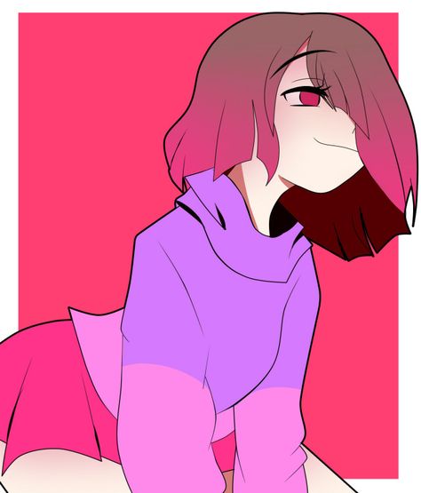 bete noire, betty noire, brown hair, glitchtale, hair covering one eye, pink eyes, pink hair, pink sweater, purple sweater, red background, red skirt, short hair, skirt, sweater, thick thighs, white background