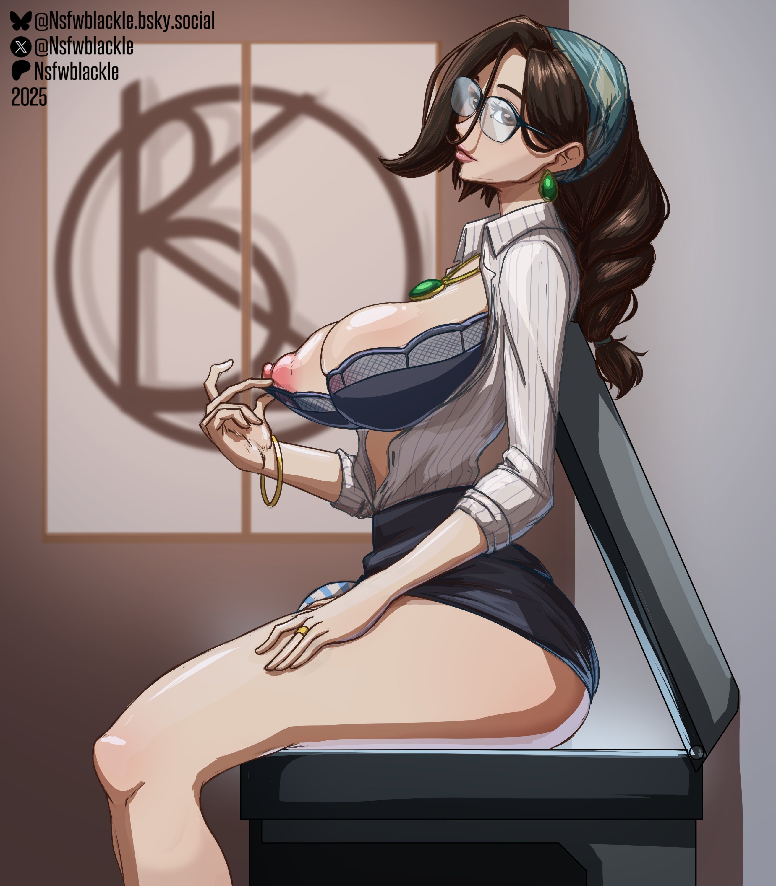 futanari, glasses, intersex, nsfwblackle, office lady, printer, sitting on object, solo, solo futa