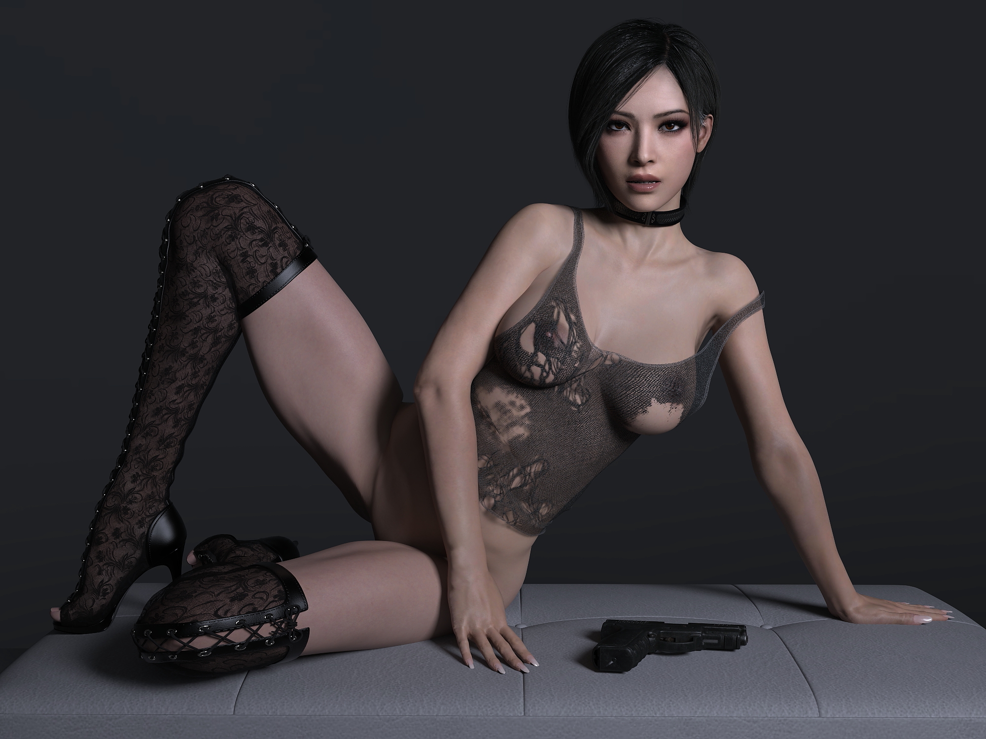 1girls, 3d, ada wong, daz studio, female, female only, gun, handgun, high heels, no panties, resident evil, resident evil 4, resident evil 4 remake, solo, thighhighs, torn clothes, torn shirt, weapon, zauselzaus