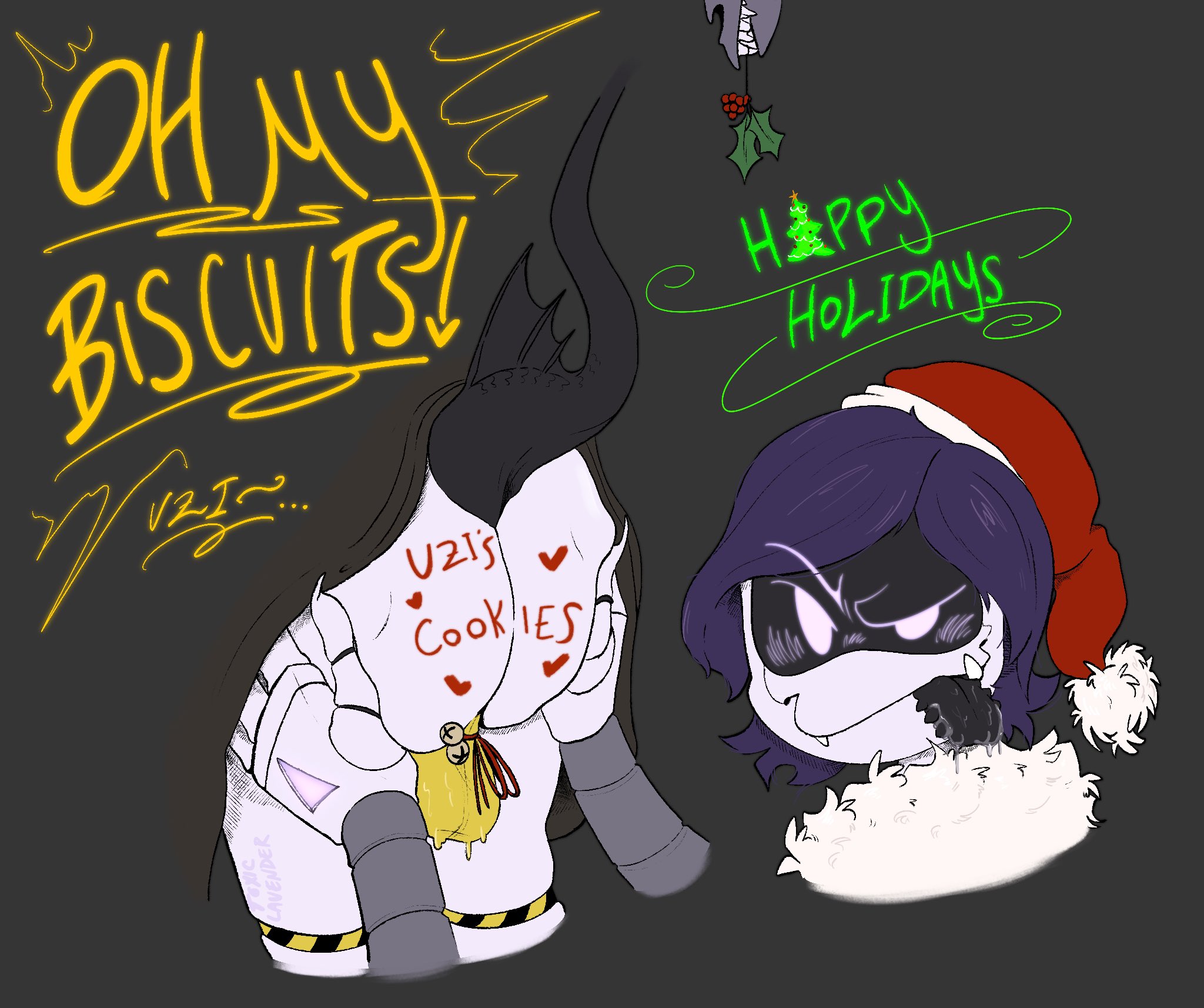 ass, ass focus, ass grab, balls, ballsack, blush, christmas, christmas bells, christmas headwear, female, glitch productions, grabbing ass, male, male focus, mistletoe, murder drones, n (murder drones), purple eyes, purple hair, saliva, saliva on balls, saliva on tongue, squirmiwormi, sweat, sweaty balls, tongue, tongue out, unseen male face, uzi (murder drones), writing on ass, writing on body, writing on butt