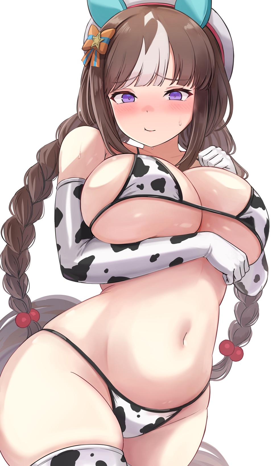 1girls, big breasts, bikini, breasts, cow print, embarrassed, enumiyan, female, gloves, hokko tarumae (umamusume), huge breasts, human, large breasts, looking at viewer, solo, thick thighs, thighhighs, umamusume, umamusume pretty derby