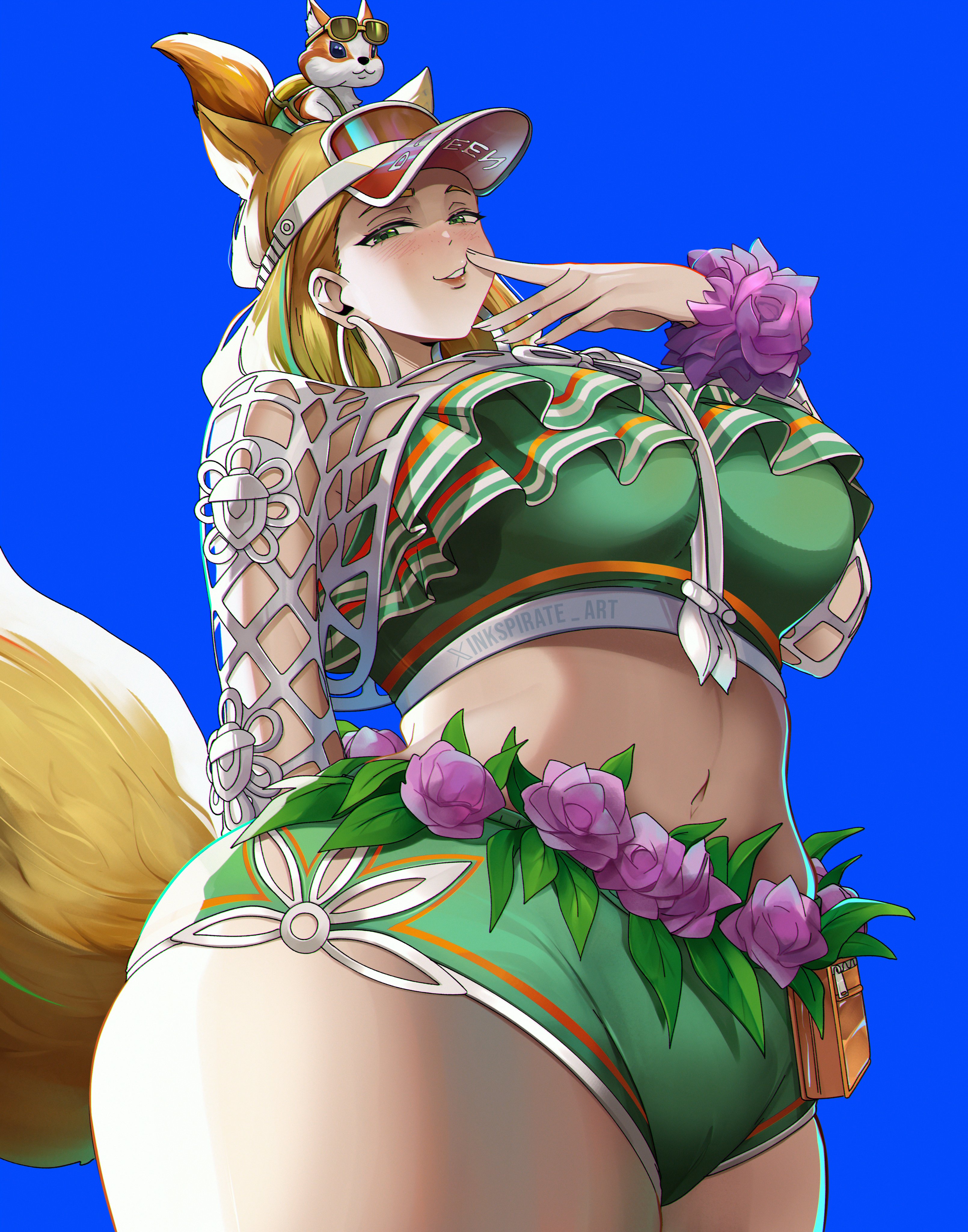 1girls, 2d, alternate costume, ass, big breasts, breasts, curvaceous, curvy, curvy figure, dolphin shorts, doreen green, female, female focus, female only, fully clothed, hoop earrings, hoop earrings oversized, inkspirate, large breasts, marvel, marvel comics, marvel rivals, shorts, solo, squirrel girl (marvel rivals), squirrel girl (marvel), squirrel girl (sunshine squirrel), thick thighs, thighs, wide hips