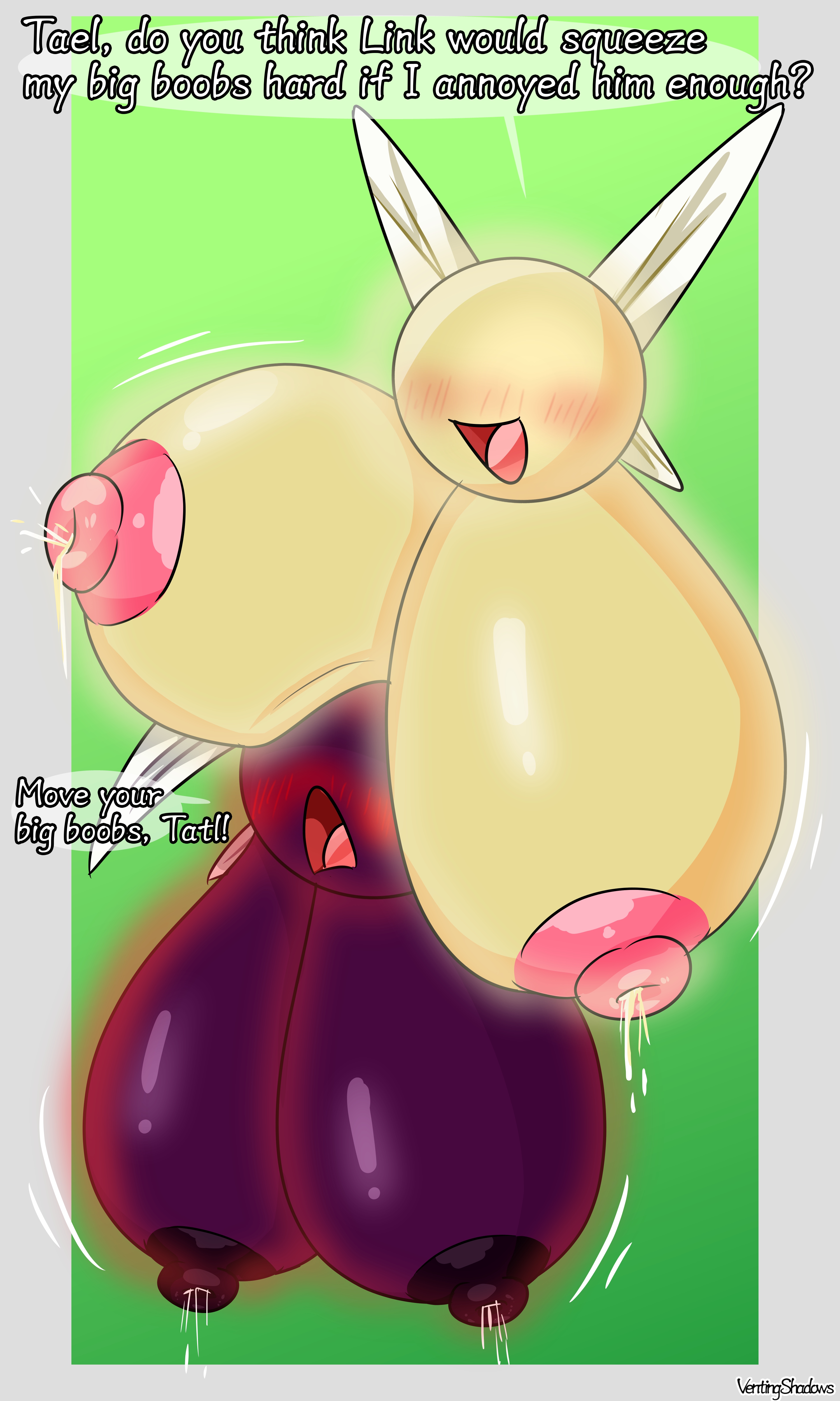 ball with boobs, ball with hyper features, big breasts, big nipples, blush, breasts, breasts on head, breasts out, brother and sister, busty male, fairy, fairy (zelda), gigantic breasts, hyper breasts, lactation, leaking milk, male, male with breasts, nipples, sagging breasts, shiny breasts, tael (tloz), tatl, the legend of zelda, ventshadows