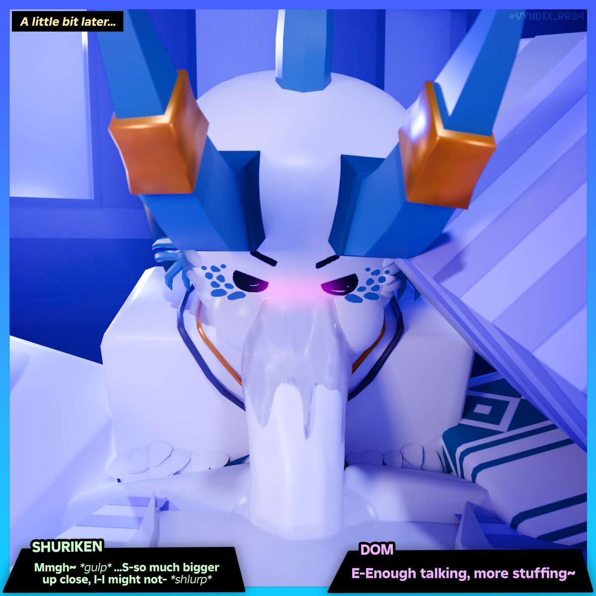 2boys, 3d, balls, blender, blender cycles, blowjob, blush, blushing, character name, comic, deepthroat, dialogue box, dom (phighting), english text, eyes half open, gay, gay blowjob, head grab, horns, male, page 4, penis, phighting, pov, pov blowjob, roblox, roblox game, robloxian, saliva, saliva drip, saliva on penis, shurifin (phighting), shuriken (phighting), sucking, sucking penis, tagme, text, vyndix