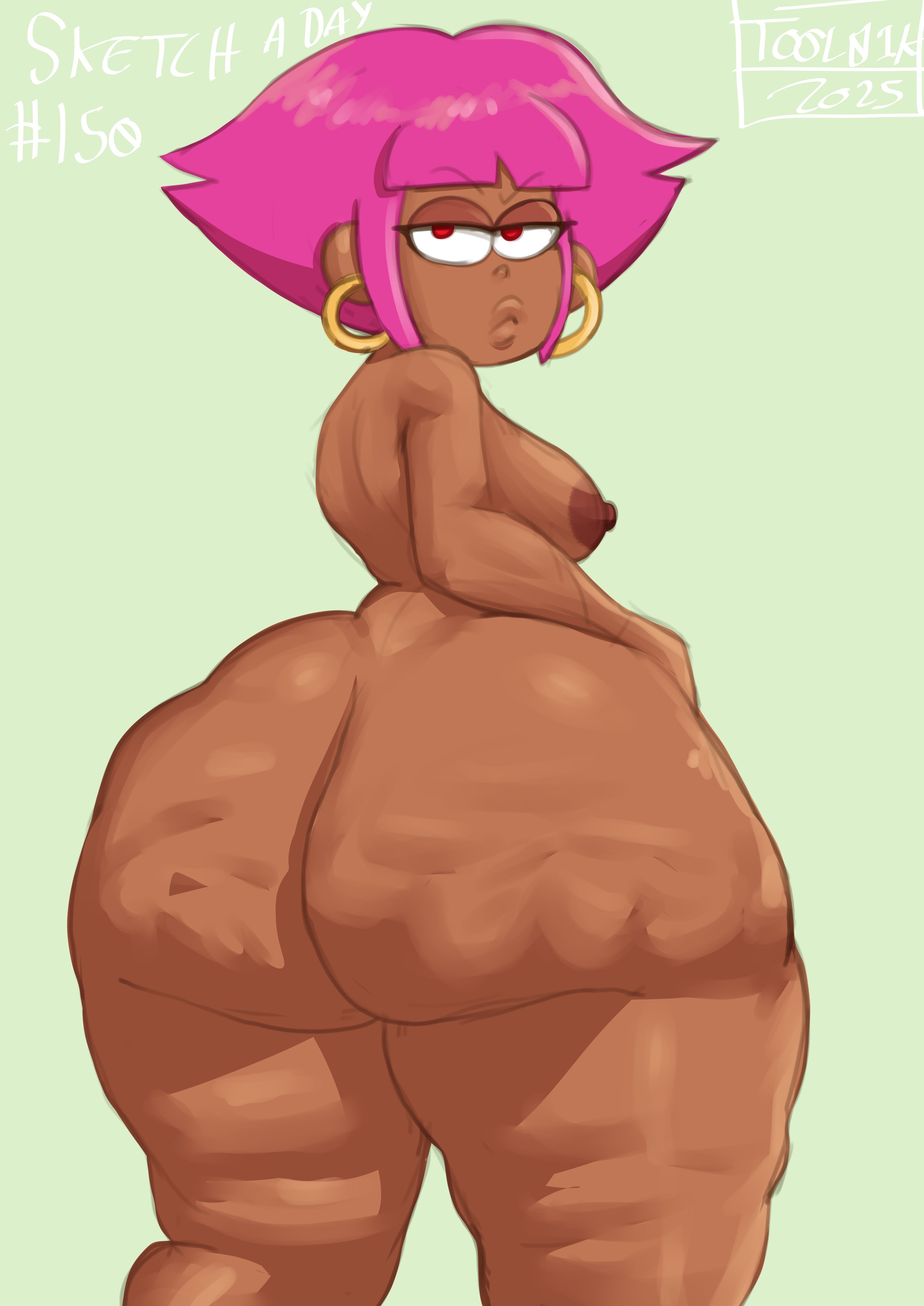 1girls, areolae, ass, ass bigger than head, ass bigger than torso, big ass, bottom heavy, breasts, bubble ass, bubble butt, cellulite, dark skin, dark-skinned female, ear piercing, earrings, fat ass, female, female only, gluteal fold, half-closed eyes, huge ass, human shannon, large ass, looking at viewer, looking back, massive ass, nipples, nude, nude female, ok k.o.! let's be heroes, piercing, pink hair, shannon (ok k.o.! let's be heroes), shannon boxman, solo, thick ass, thick thighs, thunder thighs, tool01k, wide hips