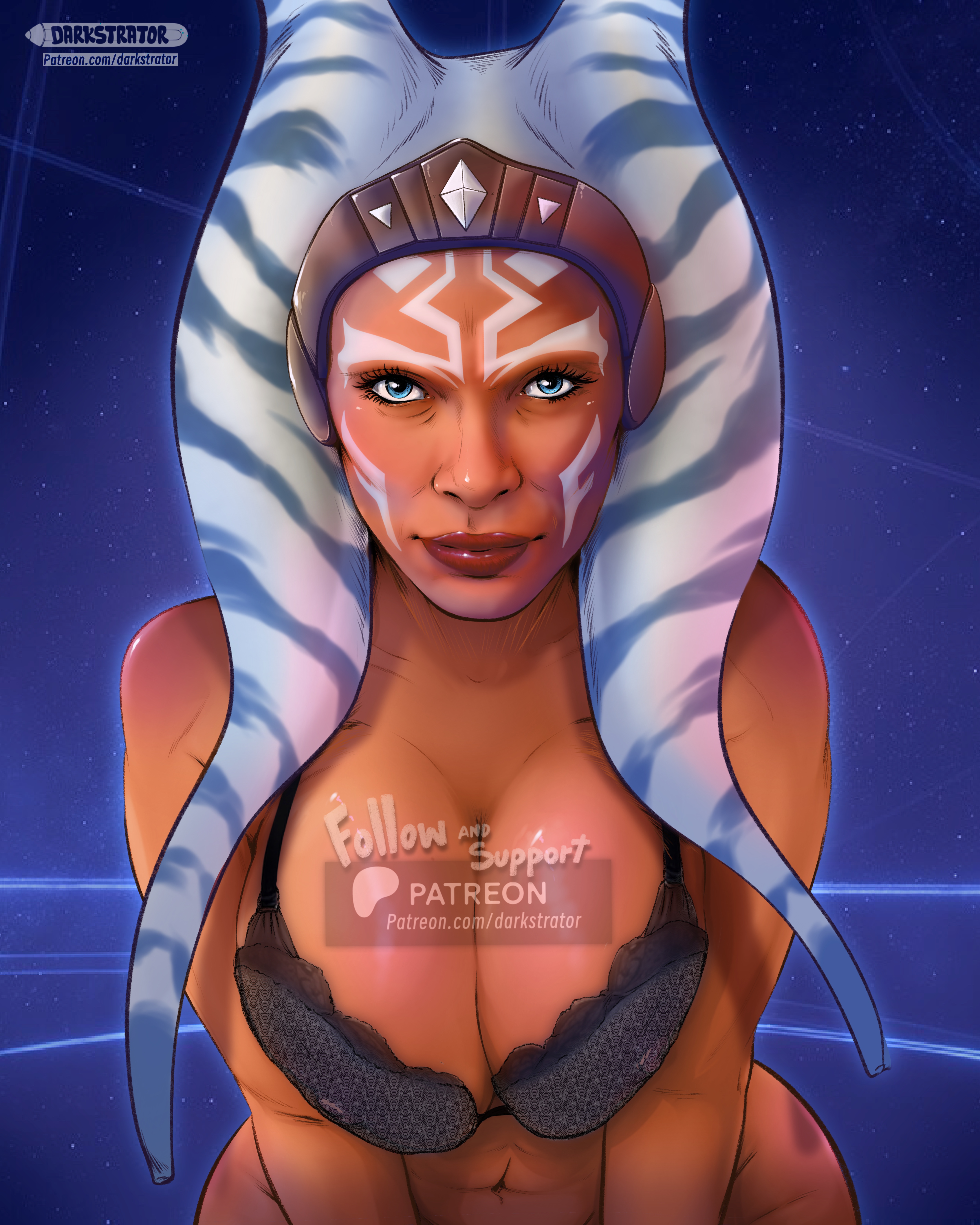 1girls, actress, ahsoka in exile, ahsoka tano, bikini, bikini top, bikini top only, boobs bigger than head, boobs out, boobs pressed, breast press, breast squeeze, breast squish, breasts, celebrity, darkstrator, fanart, female, female only, patreon, rosario dawson, solo, space, star wars, togruta