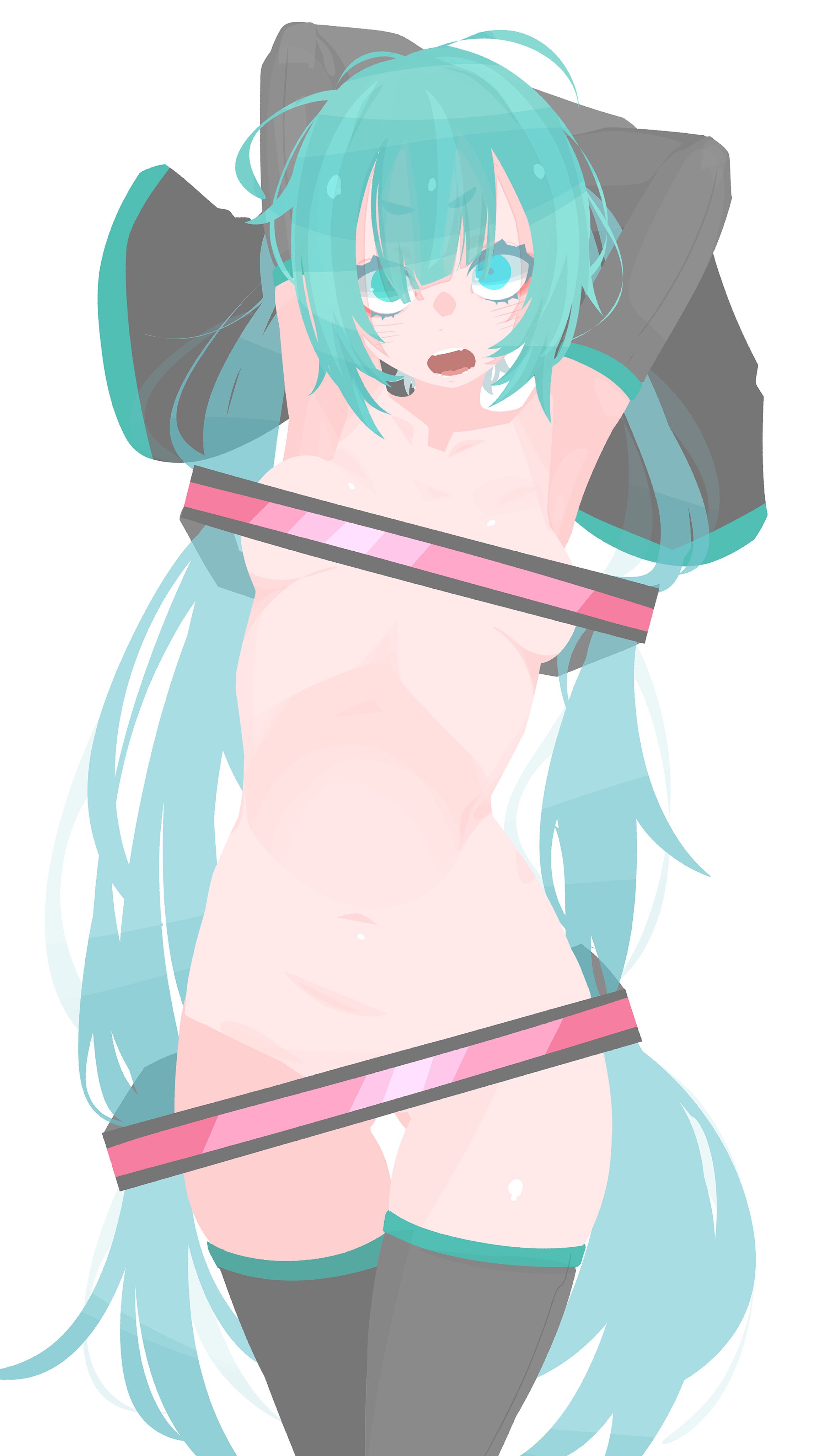 1girl, aqua hair, armpits, arms behind head, arms up, barely covered, black sleeves, black thighhighs, blue eyes, blue hair, breasts, censored, censored breasts, censored genitalia, censored pussy, clothing aside, convenient censoring, cowboy shot, detached sleeves, female, hara id 21, hatsune miku, long hair, looking at viewer, loose clothes, navel, nude, open mouth, pussy, shocked, shocked expression, simple background, small breasts, small waist, solo, thematic censorship, thighhighs, twintails, very long hair, waist, white background
