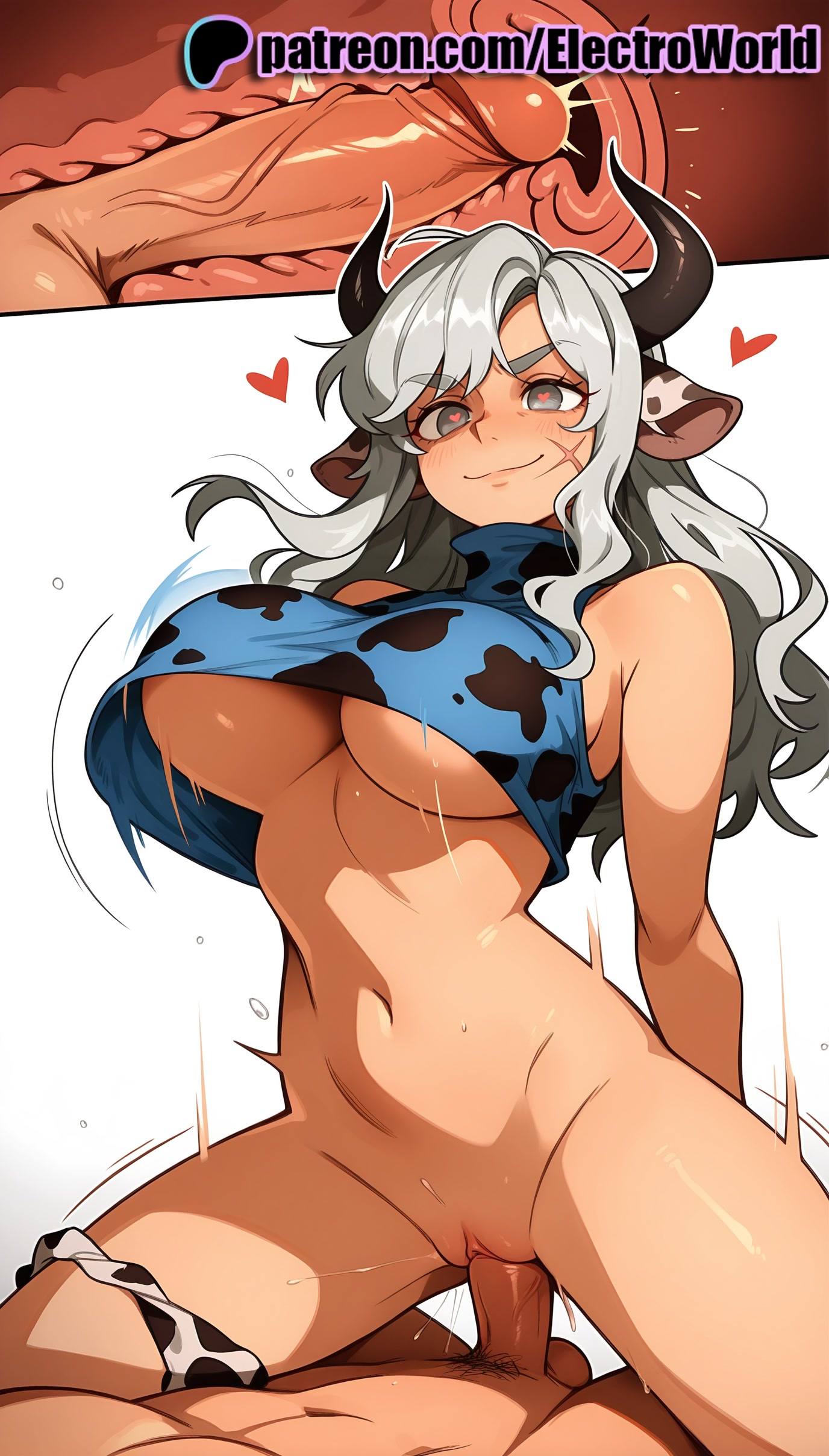 1boy, 1girls, 2025, ai generated, animal print, artist name, big breasts, big chest, breasts, bust, busty, chest, clitoral hood, clitoris, cock, cow print, cowgirl position, dick, electroworld, exposed pussy, female, female on top, fucking, heart, heart-shaped pupils, hi res, high quality, high resolution, highres, horns, intercourse, juicy pussy, king uma, large breasts, leopard print, long hair, love making, male, navel, panties, patreon, patreon username, penetration, penis, pussy, riding, sex, sexual intercourse, smile, solo focus, stable diffusion, straddling, straight, the god of highschool, tight pussy, uncensored, underwear, vagina, vaginal penetration, watermark, x-ray