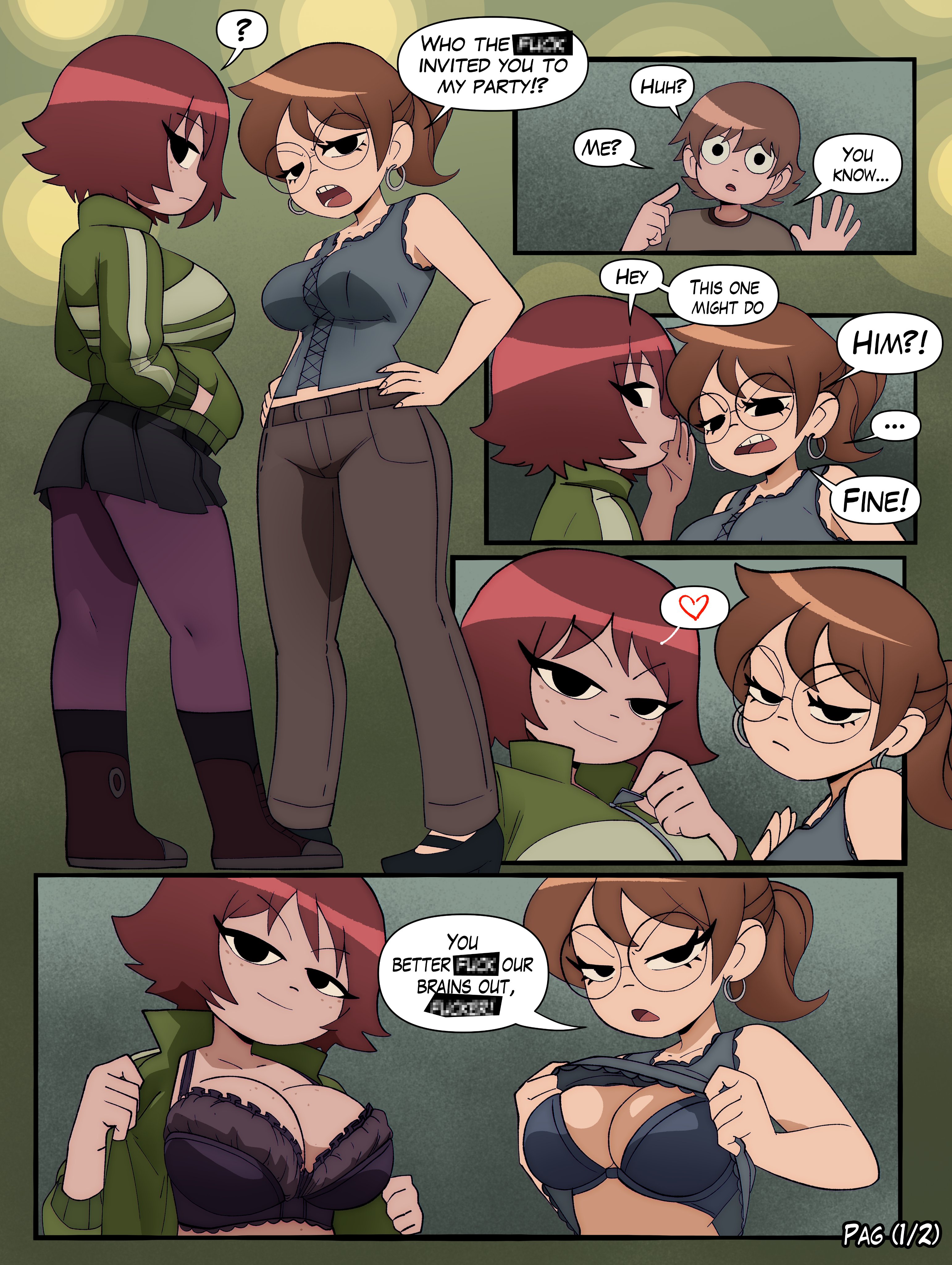 1boy, 2girls, ass, big breasts, breasts, brown hair, brunette, brunette hair, busty, comic, english text, female, freckles, glasses, imminent sex, inker comics, inkershike, inviting to sex, julie powers, kim pine, large ass, male, neil nordegraf, red hair, scott pilgrim, scott pilgrim takes off, text, young niel