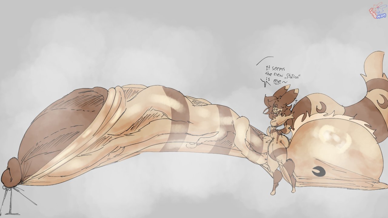 anthro, artist logo, artist name, balls, big penis, dialogue, furret, furry, huge cock, hyper, hyper balls, hyper penis, lattemon, lattemon (character), male, penis, pokemon, pokemon (species), simple background, steamy, steamy penis, tagme, text, thick thighs, wide hips