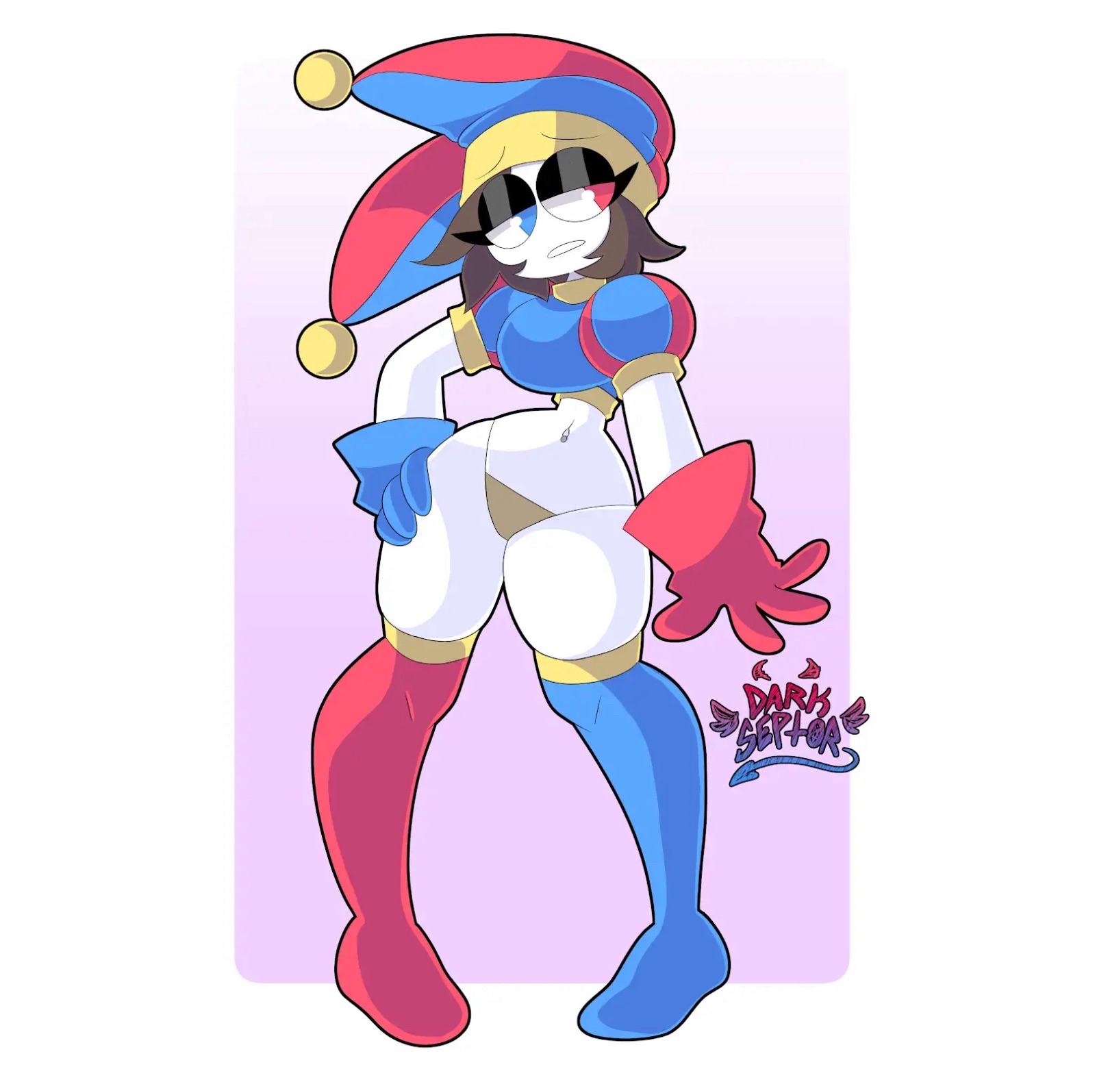 1girls, brown hair, darkseptor, female, female focus, female only, glitch productions, heterochromia, hourglass figure, hourglass figured female, pomni (the amazing digital circus), tagme, the amazing digital circus