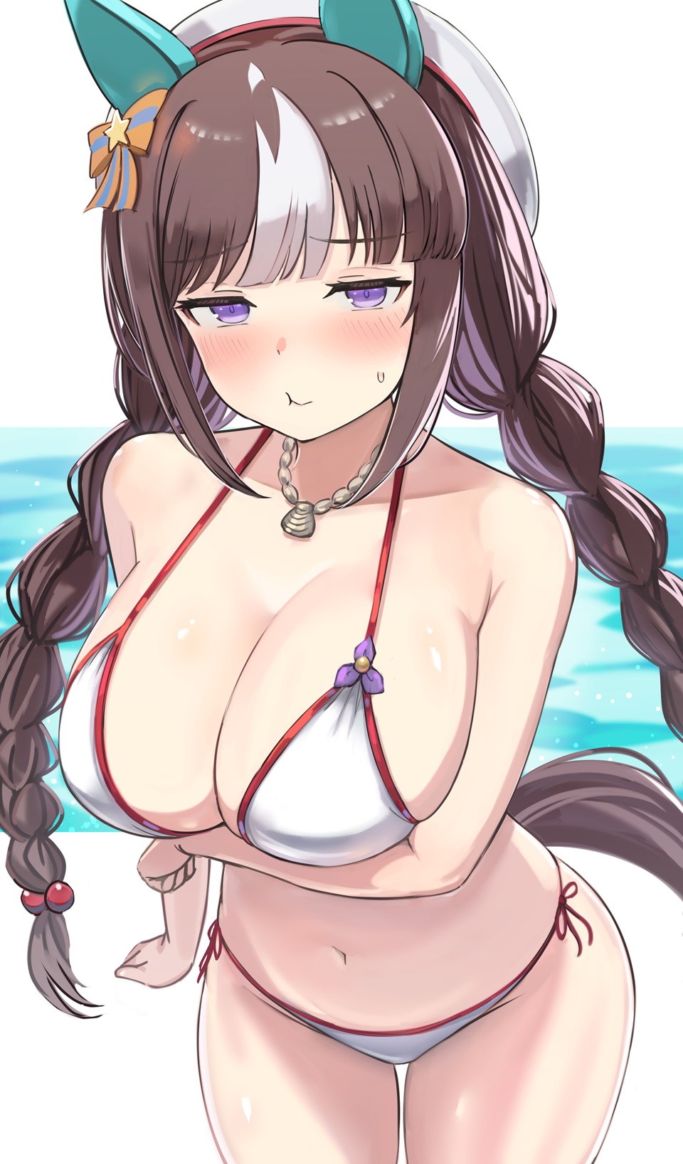 1girls, big breasts, bikini, blush, breasts, enumiyan, female, hokko tarumae (umamusume), human, solo, umamusume, umamusume pretty derby, unamused