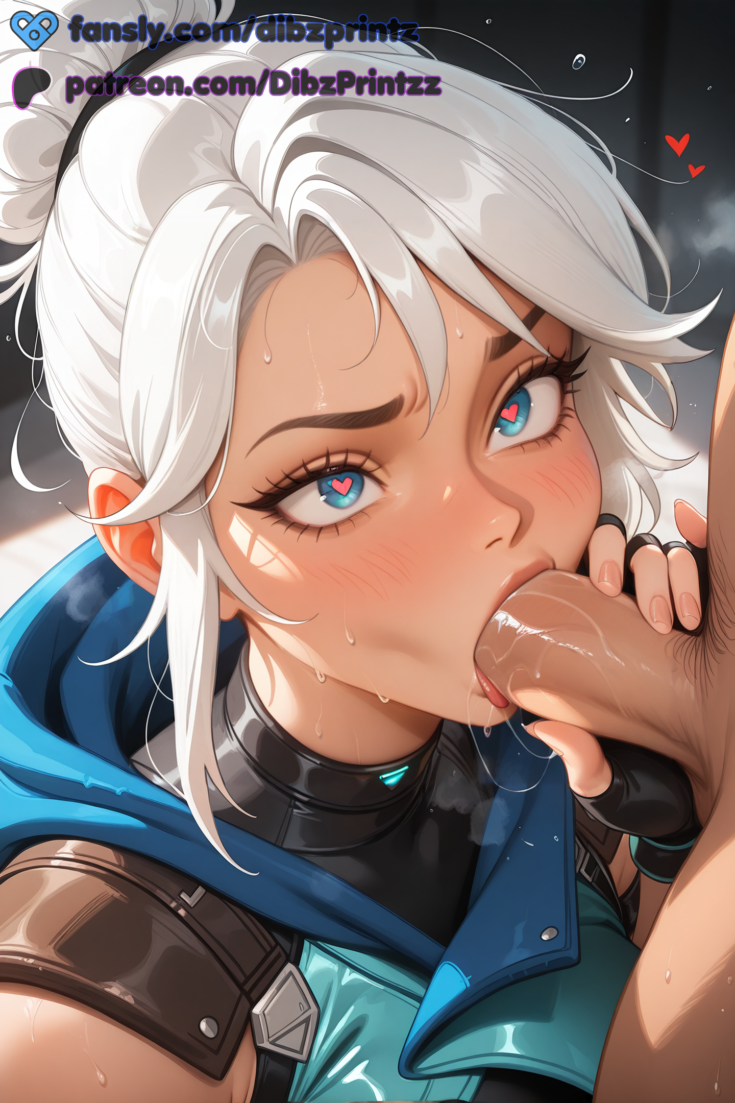 1boy, ai, ai assisted, ai generated, anime, artist name, black gloves, blue eyes, blush, dibzprintz, erection, fansly, fellatio, female, fingerless gloves, gloves, heart, heart-shaped pupils, hi res, high quality, high resolution, highres, hood, hood down, hooded jacket, jett (valorant), male, male pubic hair, oral, penis, pubic hair, riot games, saliva, single hair bun, sleeveless jacket, solo focus, straight, sweat, symbol-shaped pupils, uncensored, valorant, watermark, white hair