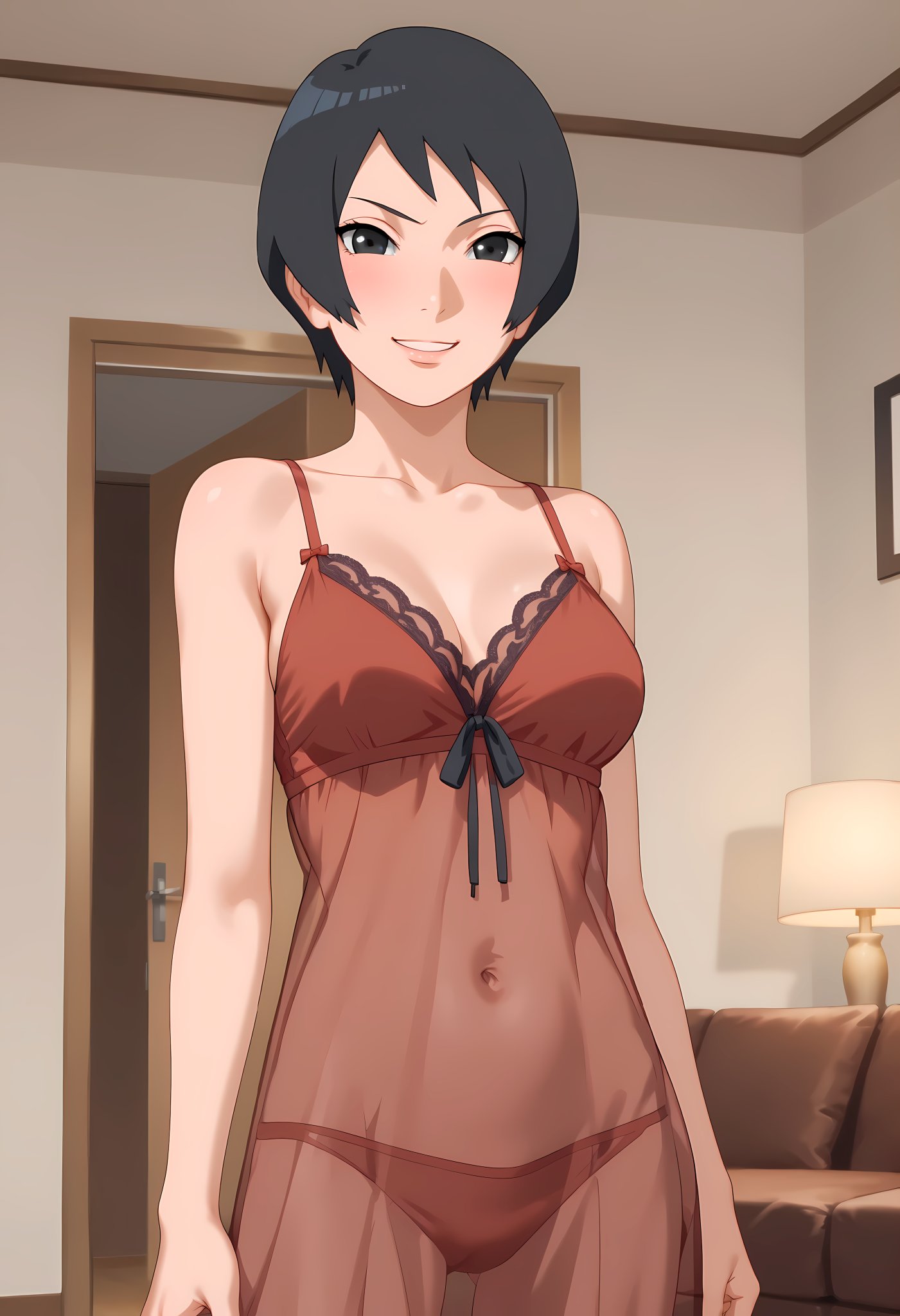 1girls, ai generated, ass, babydoll, bangs, big ass, black eyes, black hair, boruto: naruto next generations, breasts, cleavage, curvaceous, curvy, curvy figure, female, grin, indoors, kurotsuchi, lingerie, living room, looking at viewer, mature, mature female, medium breasts, milf, narugirlshot, naruto, naruto (series), naughty, naughty face, naughty smile, panties, petite, pixie cut, revealing clothes, see-through, see-through clothing, short hair, skimpy, skimpy clothes, slim waist, smile, solo, solo focus, tsuchikage, uncensored, wide hips