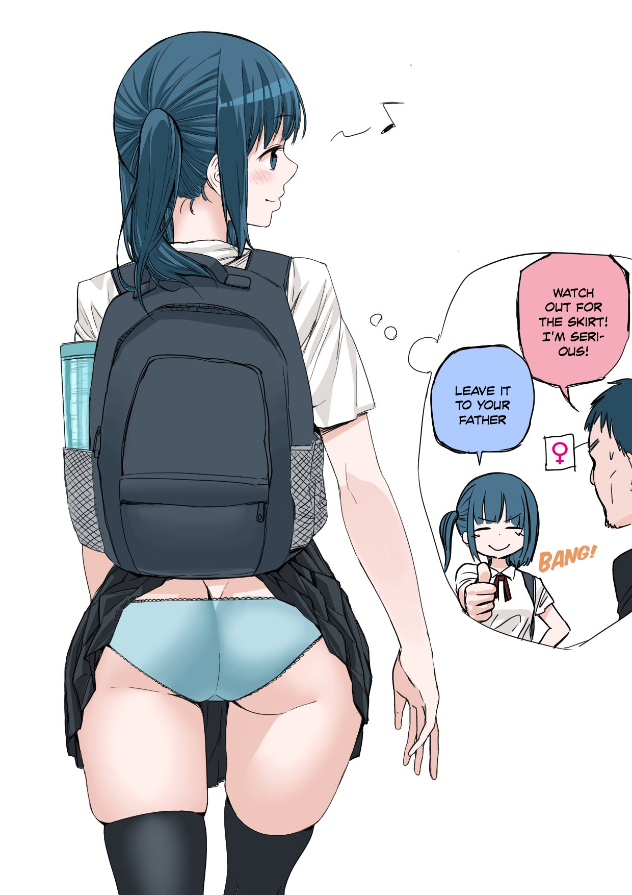 backpack, blue hair, body swap, father and daughter, stockings, underwear, underwear exposed