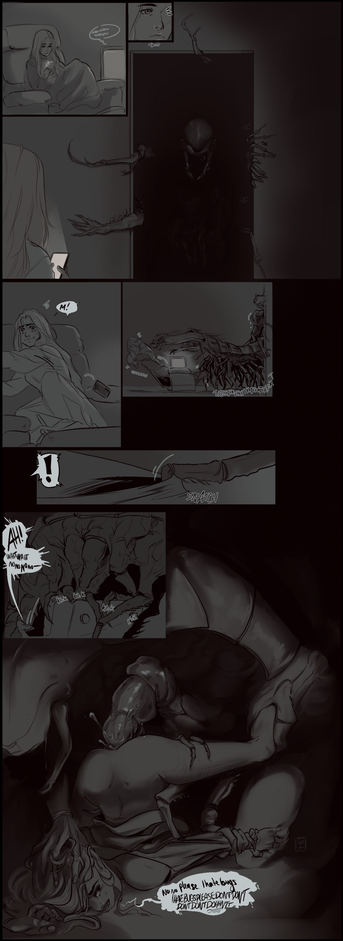artist request, comic, female, greyscale, hand on head, insectophilia, insects, monster, monster on female, raped, speech bubble, tears