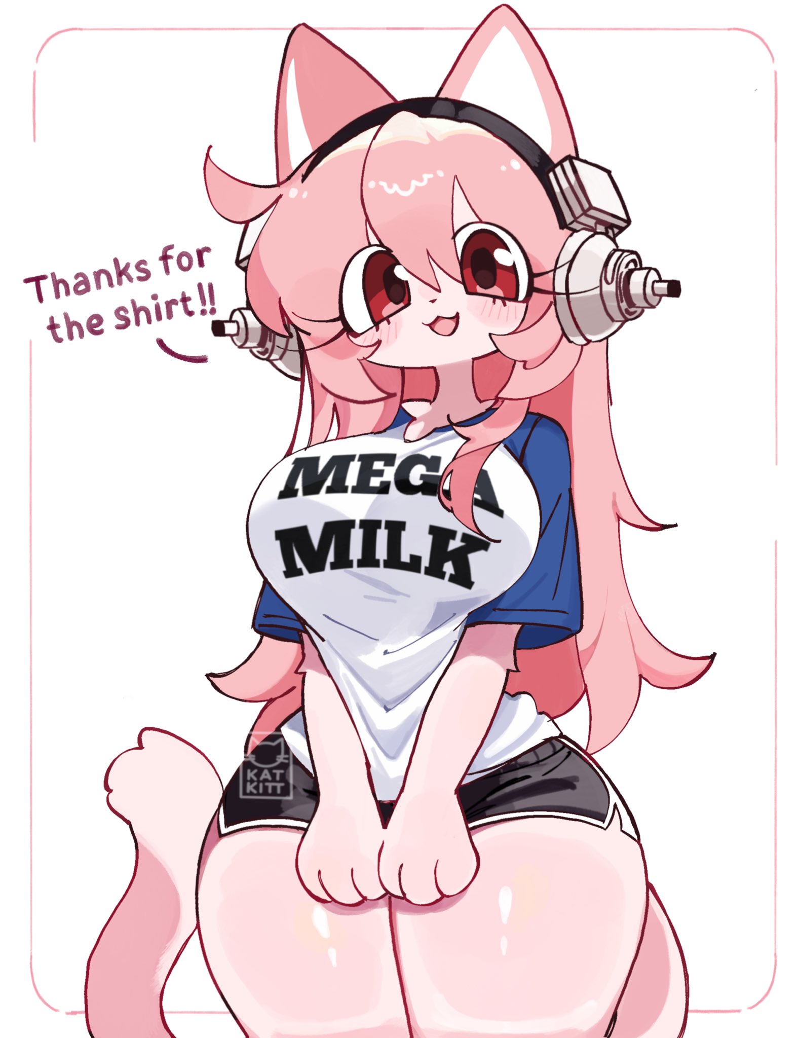 :3, 1girls, ahoge, animal ears, animal genitalia, anthro, big breasts, breasts, cat ears, cat humanoid, cat tail, cute, female, fur, furry, furry female, headphone, huge breasts, huge thighs, kat kitt, long hair, looking at viewer, medikitten, mega milk, nitroplus, pink hair, pink skin, red eyes, short shorts, shorts, smile, smiling at viewer, super sonico, text, thick thighs, thighs
