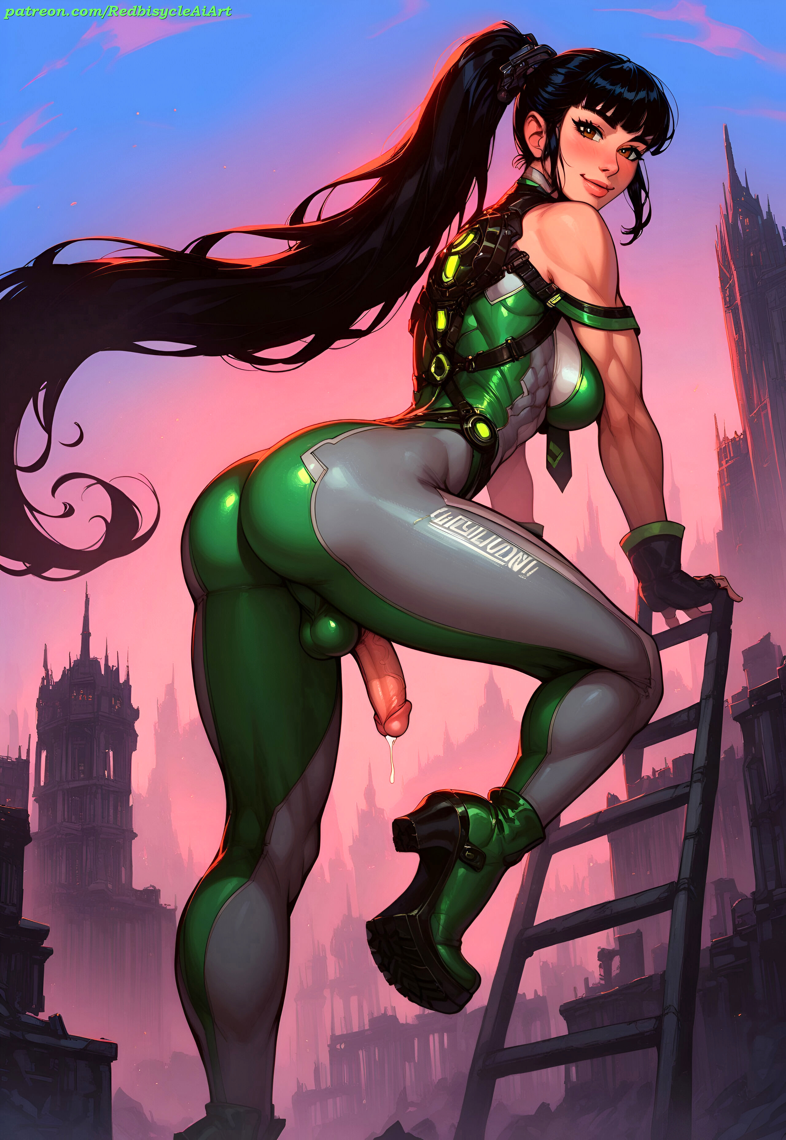 1futa, ai generated, ass, ass focus, athletic, athletic futa, balls, balls under clothes, big penis, black hair, bodysuit, boobs, breasts, brown eyes, dark hair, dickgirl, eve (stellar blade), female, fit, fit futa, futa focus, futa only, futanari, intersex, large penis, looking at viewer, looking back, looking back at viewer, muscular, muscular legs, penis, ponytail, precum, precum drip, precum on penis, precum string, redbisycle, stellar blade, thick ass, thick penis, thick thighs, tight clothing, toned arms, toned body, toned futa, toned legs, veiny penis