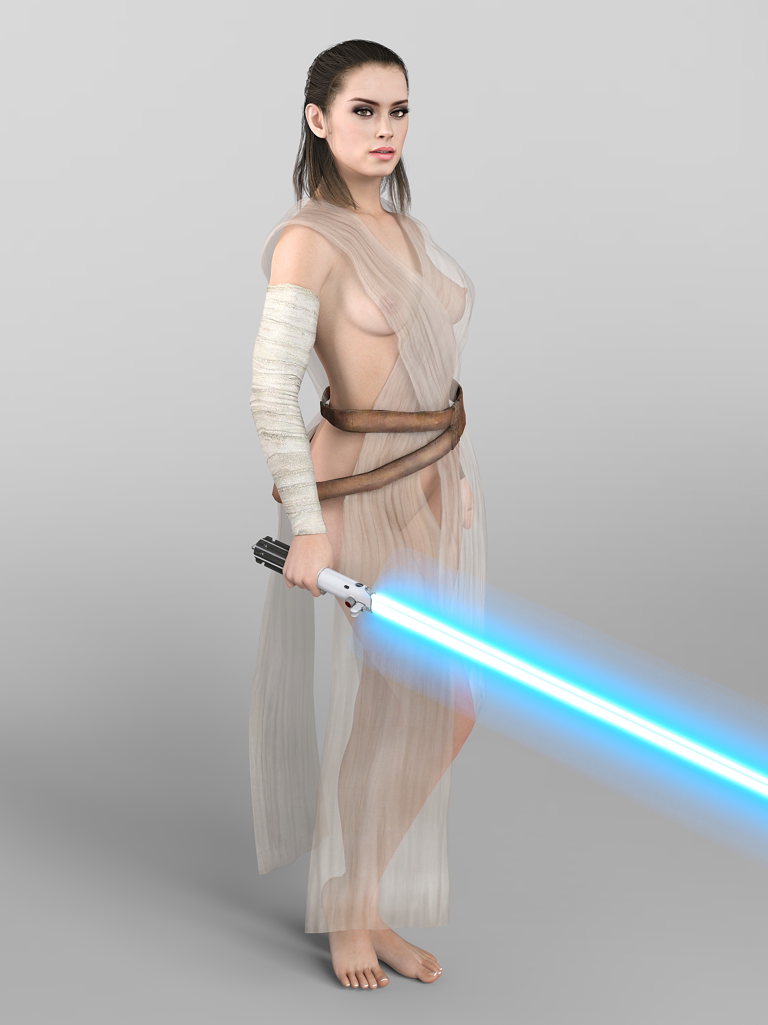 1girls, 3d, blue lightsaber, casual, clothing, daisy ridley, daz studio, female, female only, full body, functionally nude, human, jedi, lightsaber, pale skin, realistic, rey, see-through clothing, solo, star wars, weapon, zauselzaus