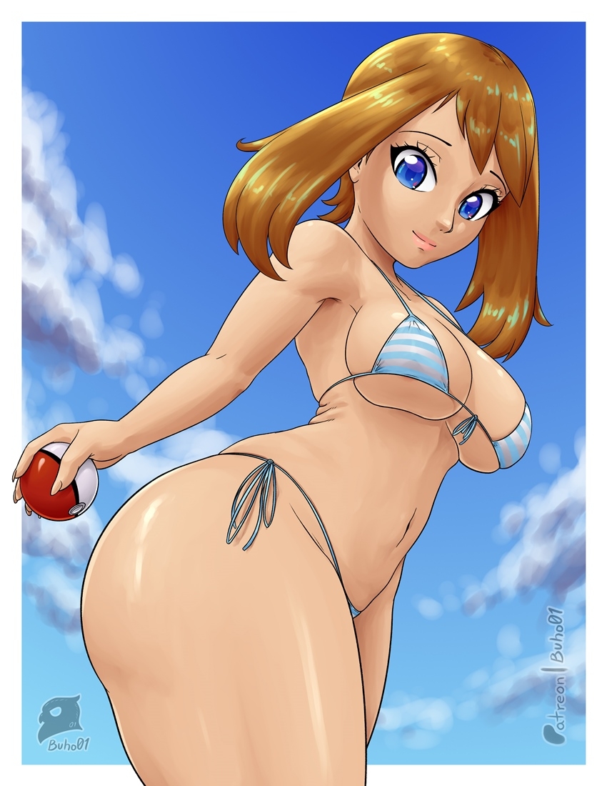 1girls big_breasts bikini bikini_bottom bikini_top blue_bikini blue_eyes bottomwear breasts brown_hair buho01 cleavage female female_only game_freak hair hips holding_object may_(pokemon) micro_bikini pokeball pokemon pokemon_rse short_hair solo solo_female striped_bikini swimwear thick_thighs thighs topwear wide_hips