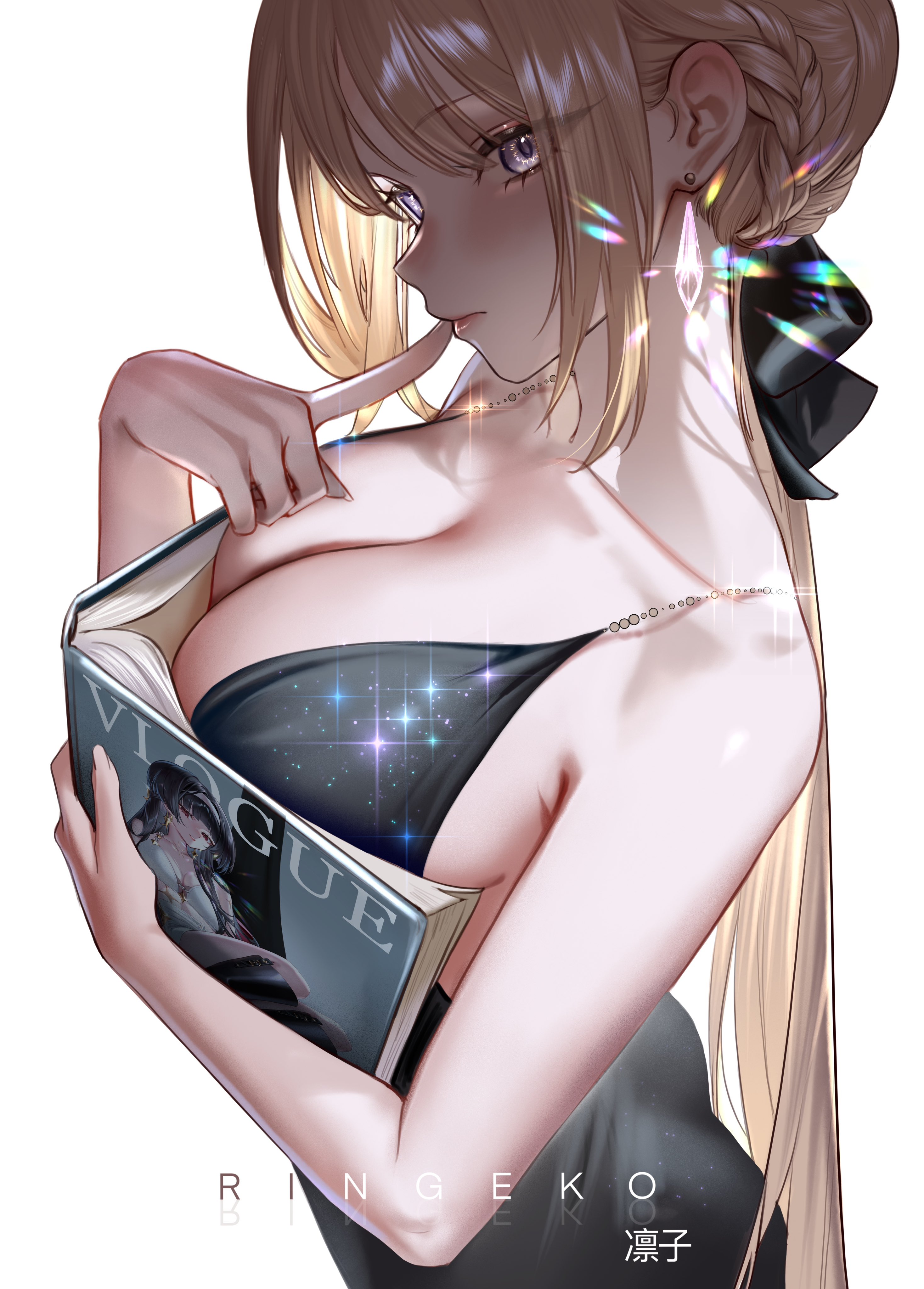 1girls, big breasts, blonde female, blonde hair, book, breasts, busty, cleavage, clothed, dress, evelyn chevalier, female, female only, hoyoverse, huge breasts, large breasts, light skin, light-skinned female, magazine, meme, meme reference, mihoyo, ouch meme, ringeko chan, tagme, zenless zone zero