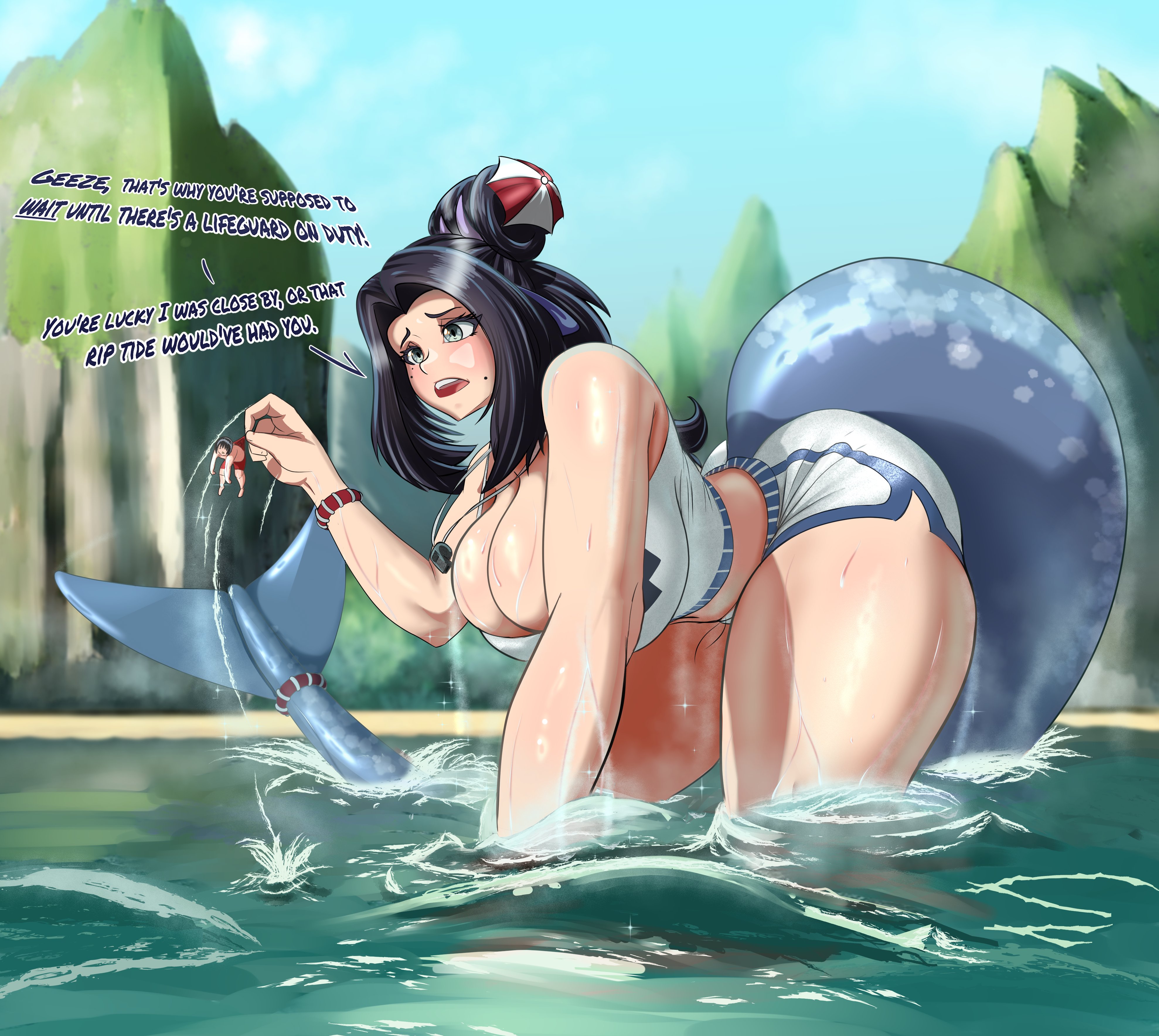 black hair, breasts, cleavage, female, fish girl, giantess, huge breasts, huge thighs, kitashia, leaning forward, lifeguard, macrophilia, male, sargasso sakana, saving life, swimwear, thick legs, thick thighs, tiny male, water, whale girl, whale tail, wide hips, worried expression