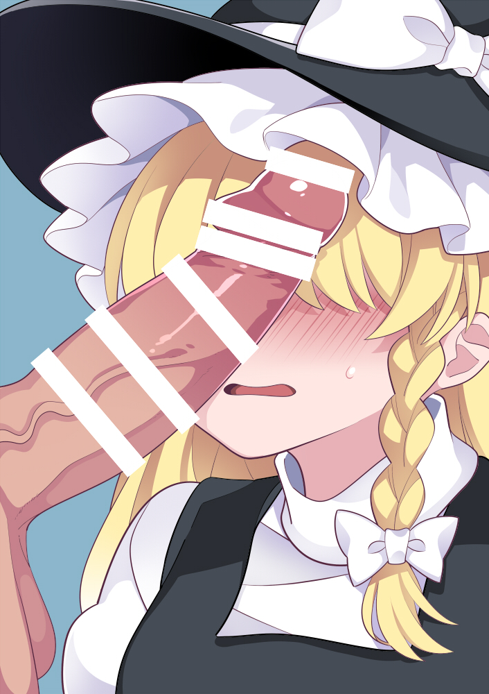 1boy bar_censor black_hat blonde_hair blue_background braid censored commentary_request erection female hammer_(sunset_beach) hat kirisame_marisa penis penis_awe simple_background single_braid straight touhou upper_body witch_hat